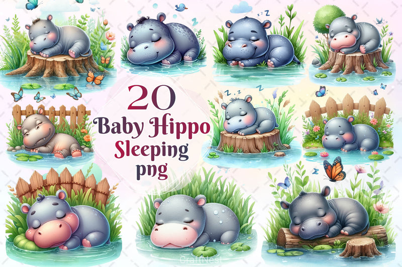 Sleeping Baby Hippo Clipart Bundle 2 - CraftNest - Digital Crafting and Art