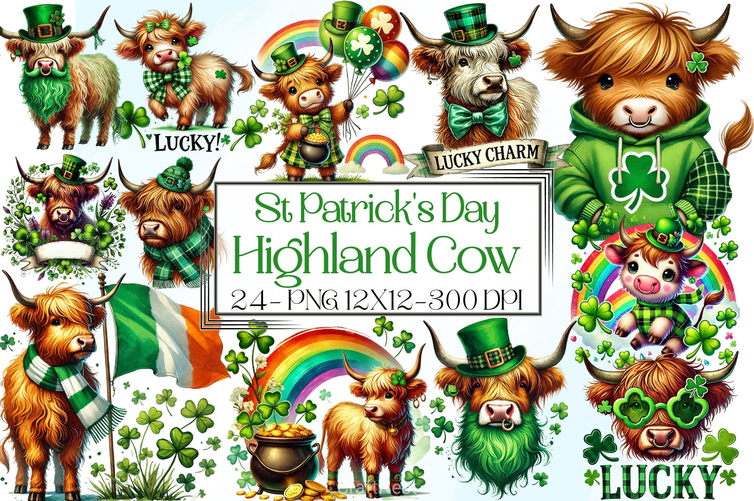 St Patrick's Day Highland Cow Clipart Bundle - CraftNest - Digital Crafting and Art