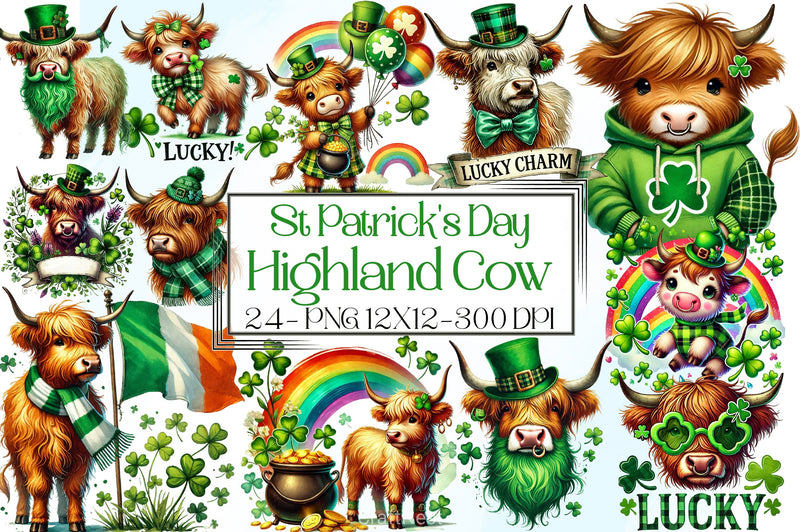 St Patrick's Day Highland Cow Clipart Bundle - CraftNest - Digital Crafting and Art