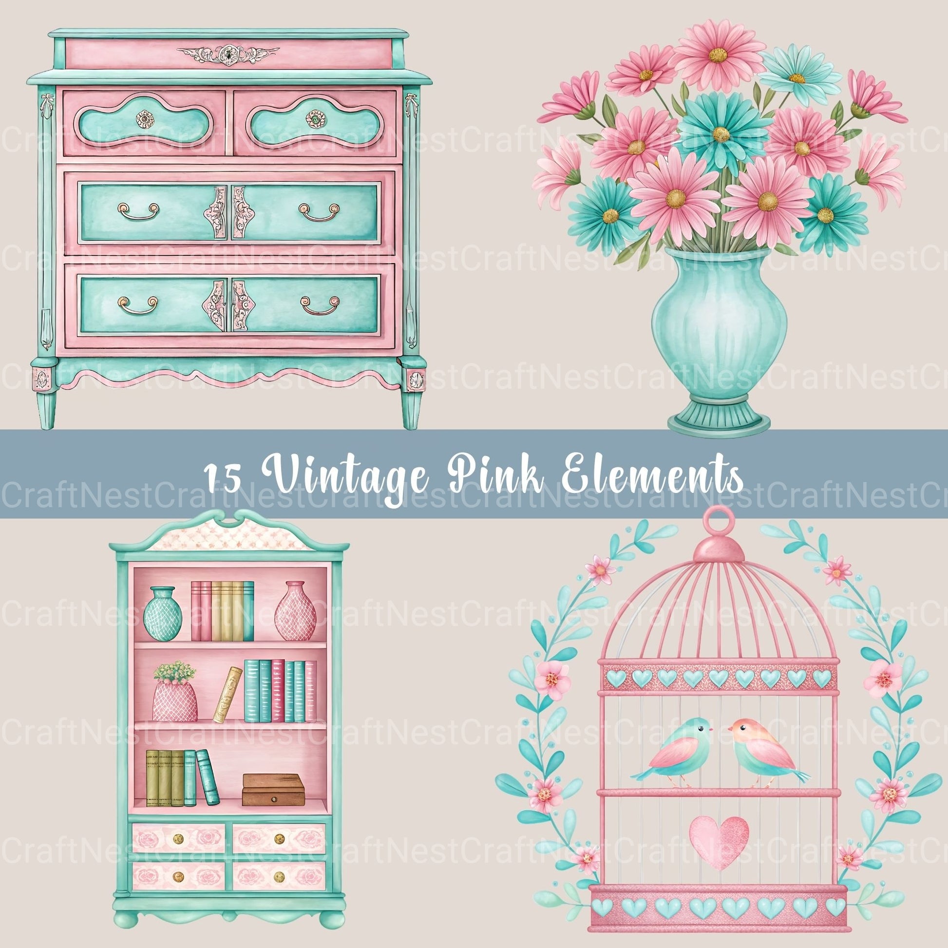 Vintage Pink Clipart Bundle - CraftNest - Digital Crafting and Art