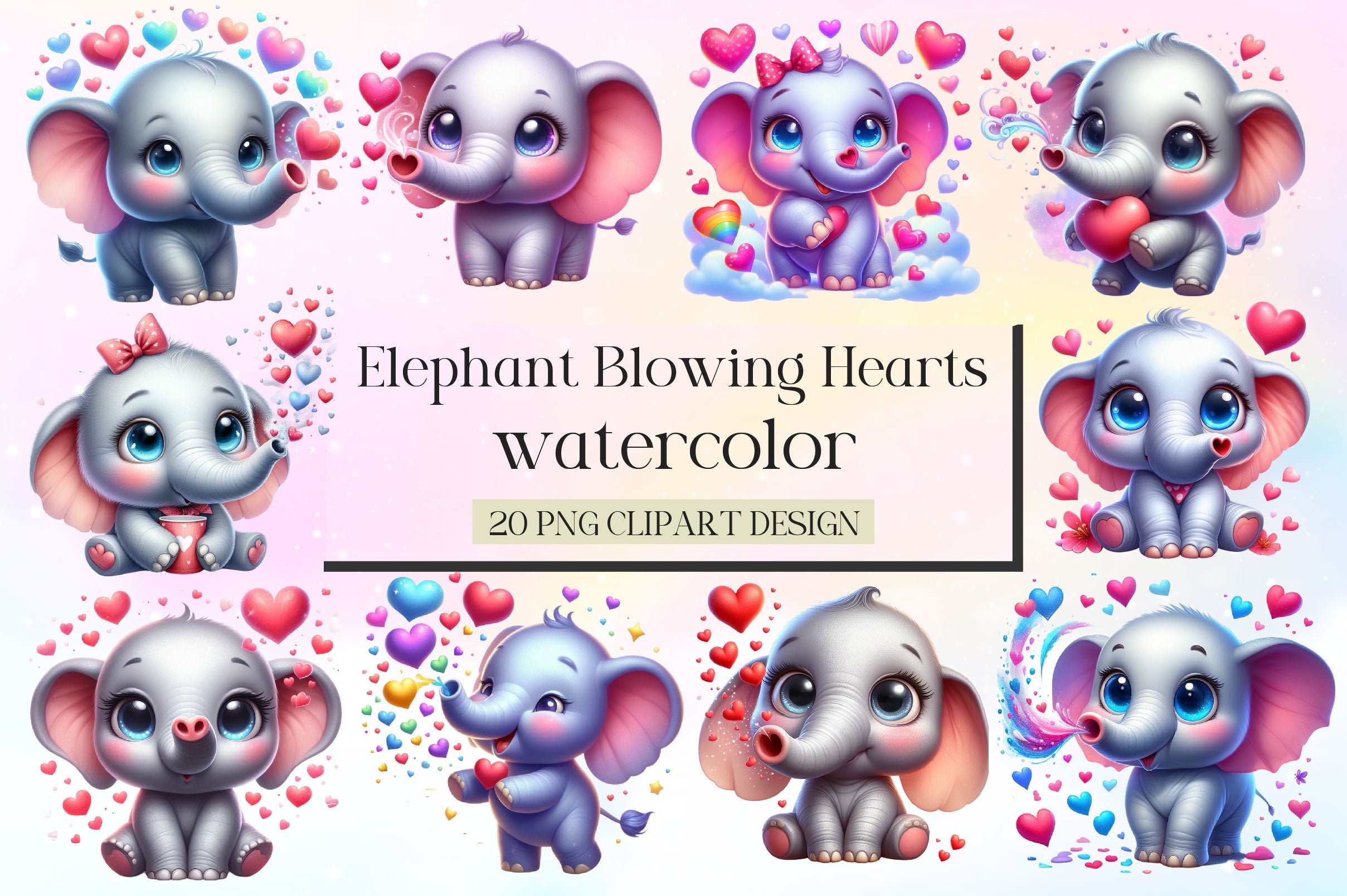 Cute Elephant Blowing Hearts Clipart Bundle - CraftNest - Digital Crafting and Art