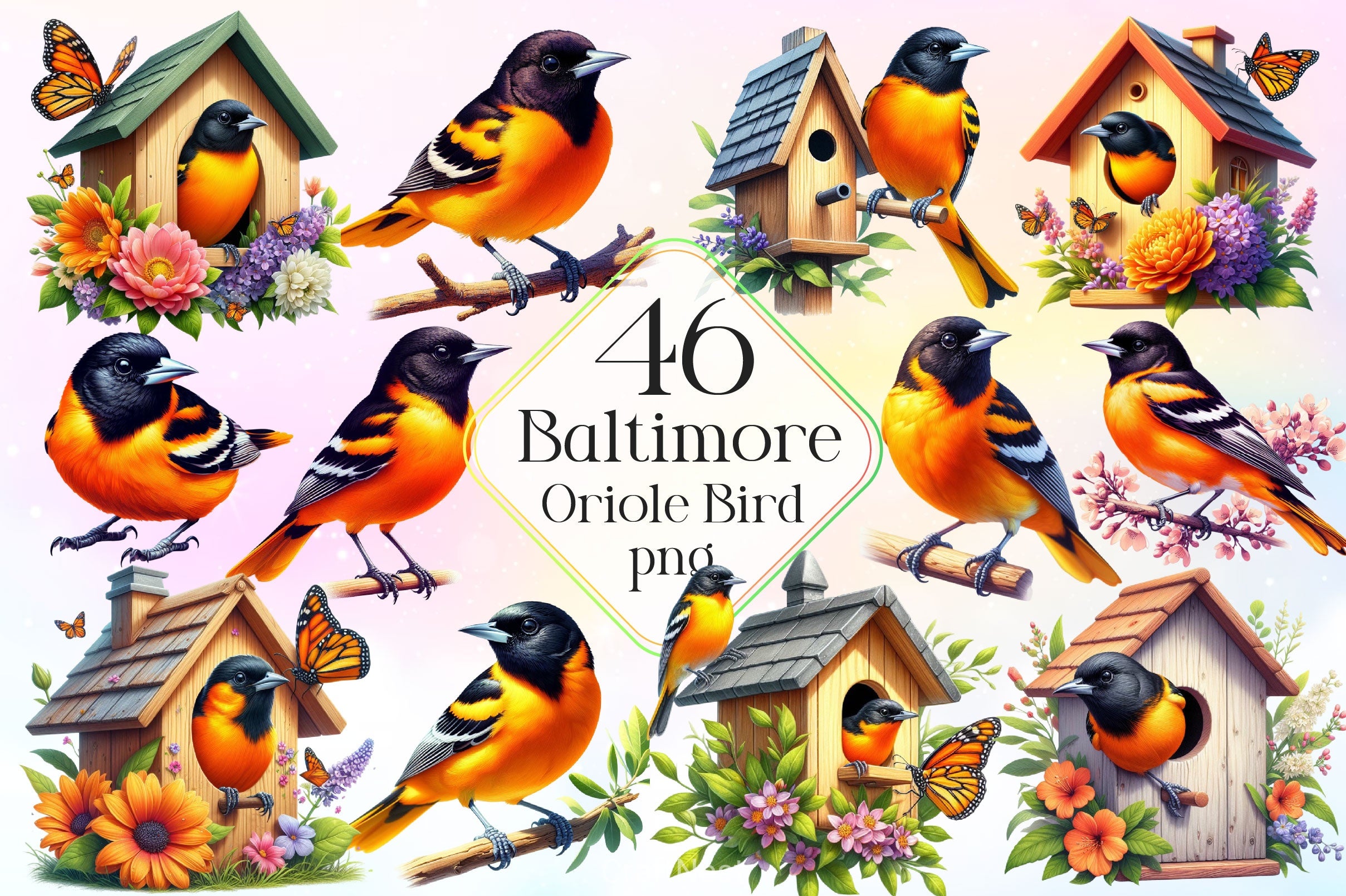 Baltimore Oriole Bird Clipart Bundle 2 - CraftNest - Digital Crafting and Art