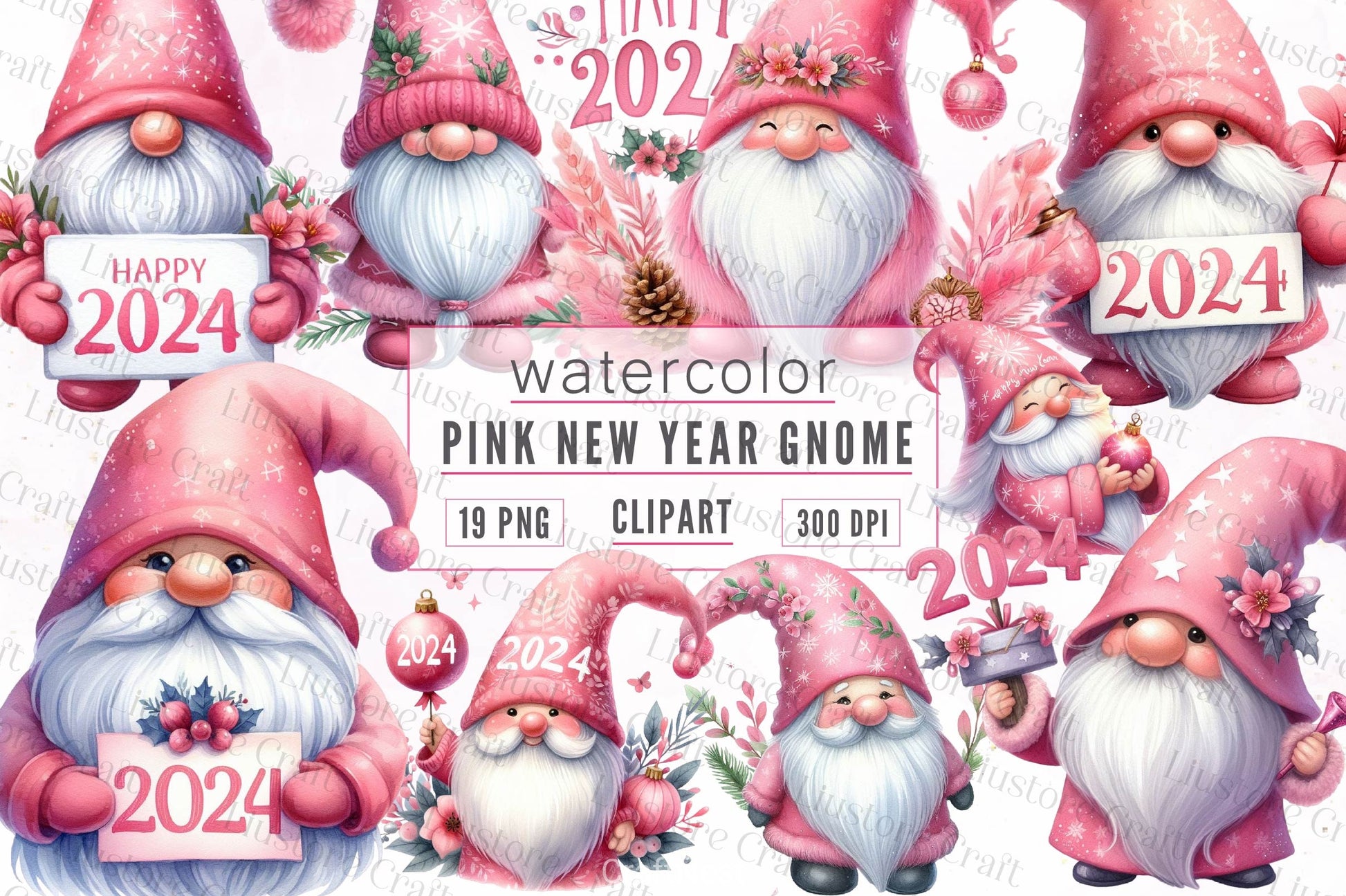Pink New Year Gnome Clipart Bundle - CraftNest - Digital Crafting and Art