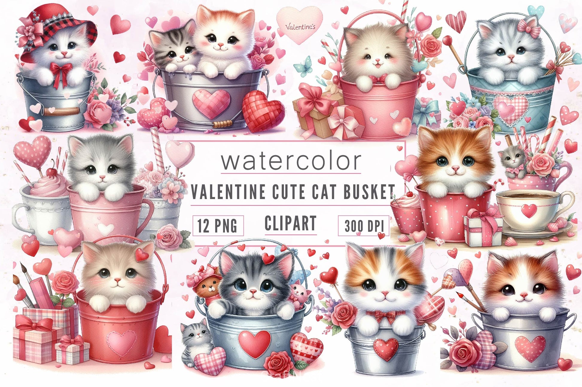 Valentine Cute Cat Basket Clipart Bundle - CraftNest - Digital Crafting and Art