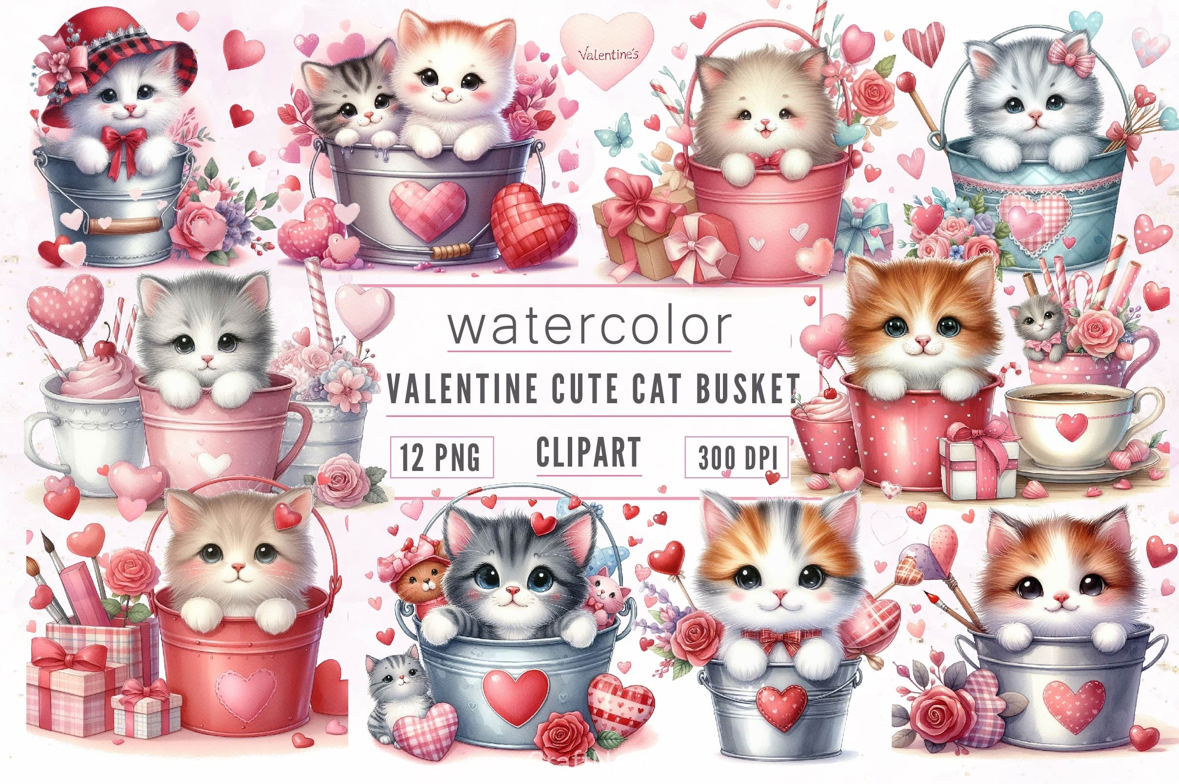 Valentine Cute Cat Basket Clipart Bundle - CraftNest - Digital Crafting and Art