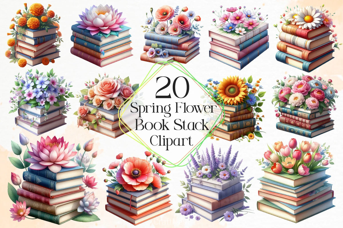 Book Flower Spring Spring Flower Book Stack Clipart Bundle