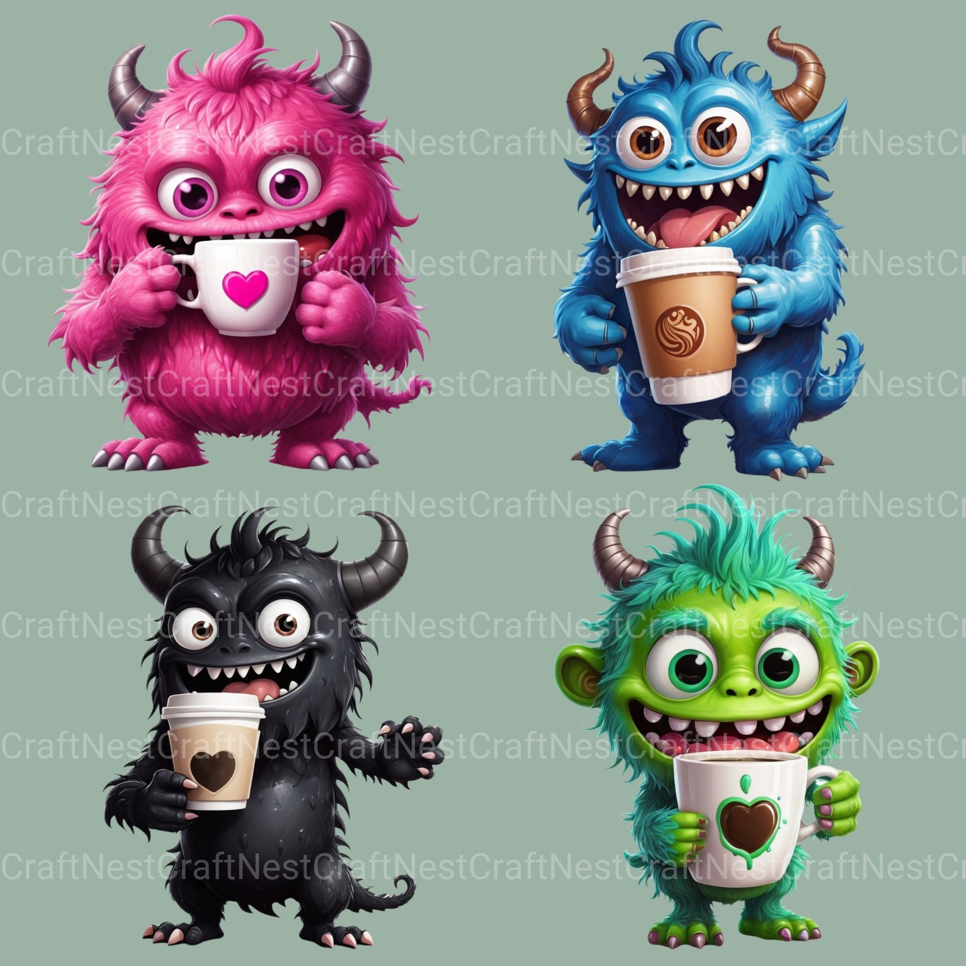 Cute Monsters Drinking Coffee Clipart Bundle - CraftNest - Digital Crafting and Art
