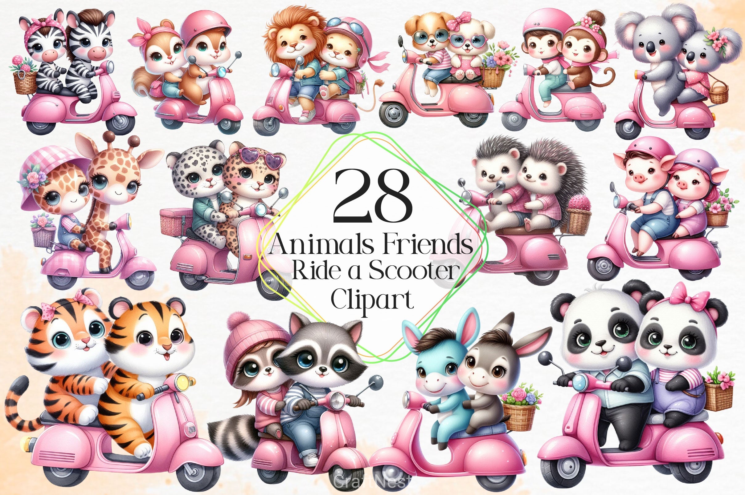 Animal Friends Ride A Scooter Clipart Bundle - CraftNest - Digital Crafting and Art
