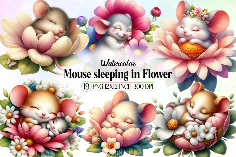 Mouse Sleeping in Flower Clipart Bundle - CraftNest - Digital Crafting and Art