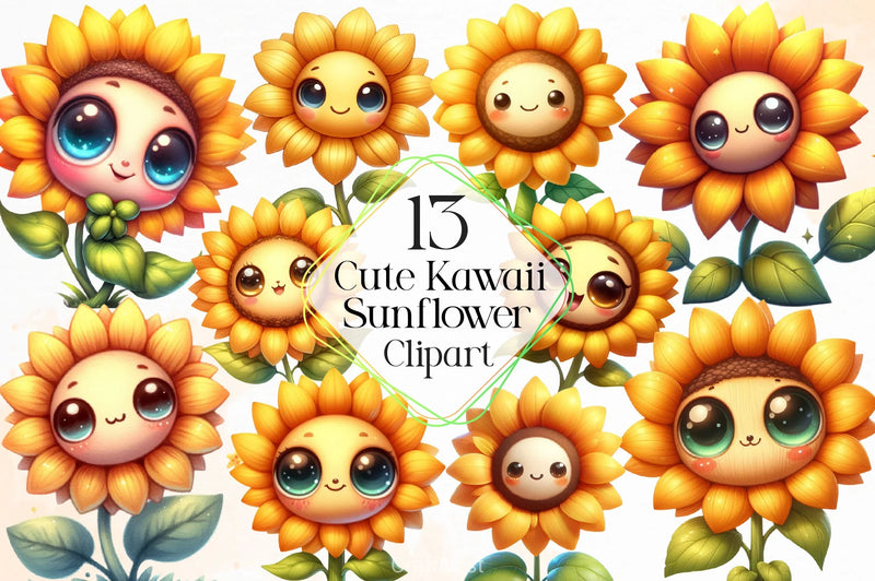 Cute Kawaii Sunflower Clipart Bundle 4 - CraftNest - Digital Crafting and Art