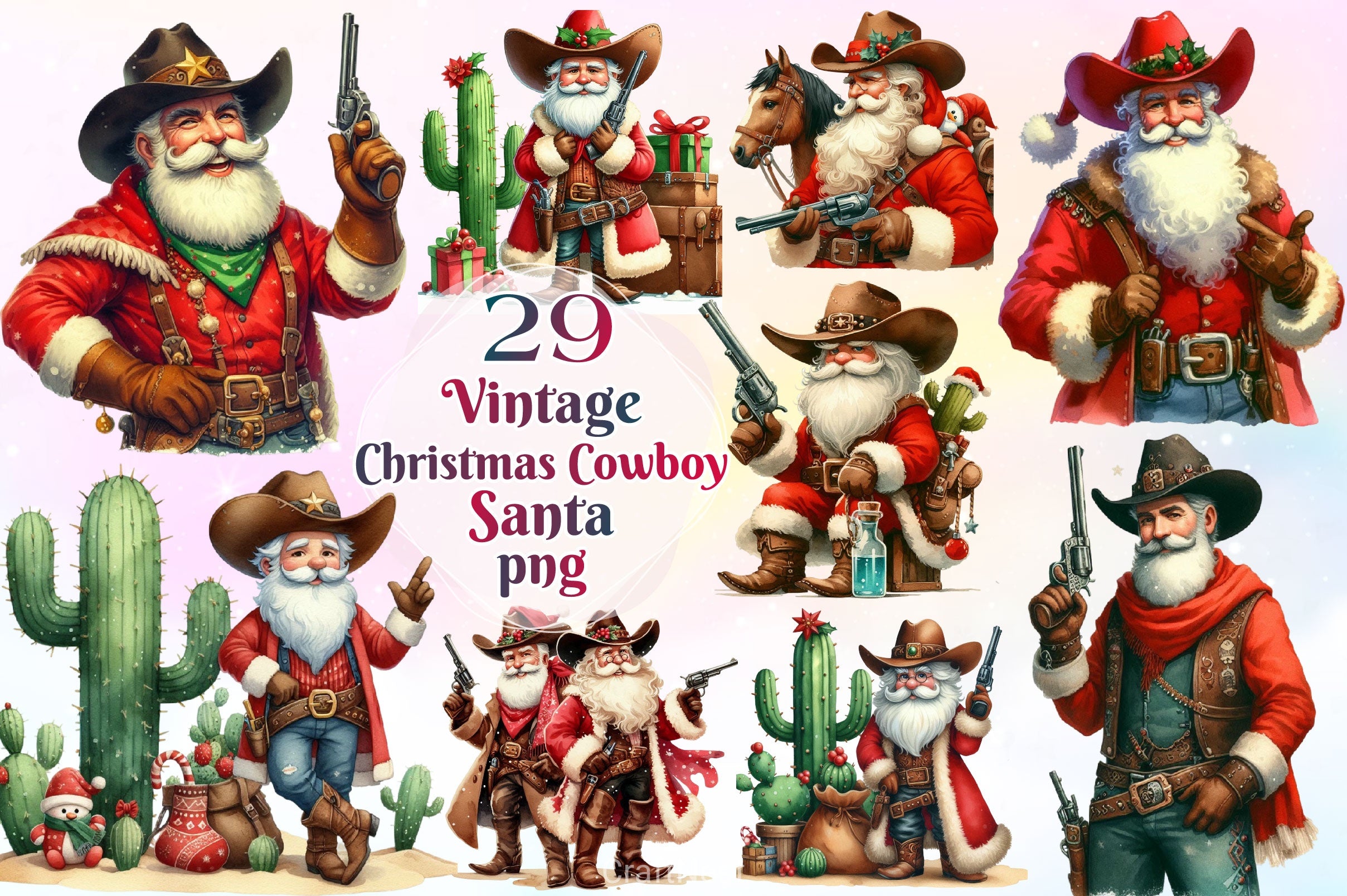 Vintage Christmas Cowboy Santa Clipart Bundle 2 - CraftNest - Digital Crafting and Art