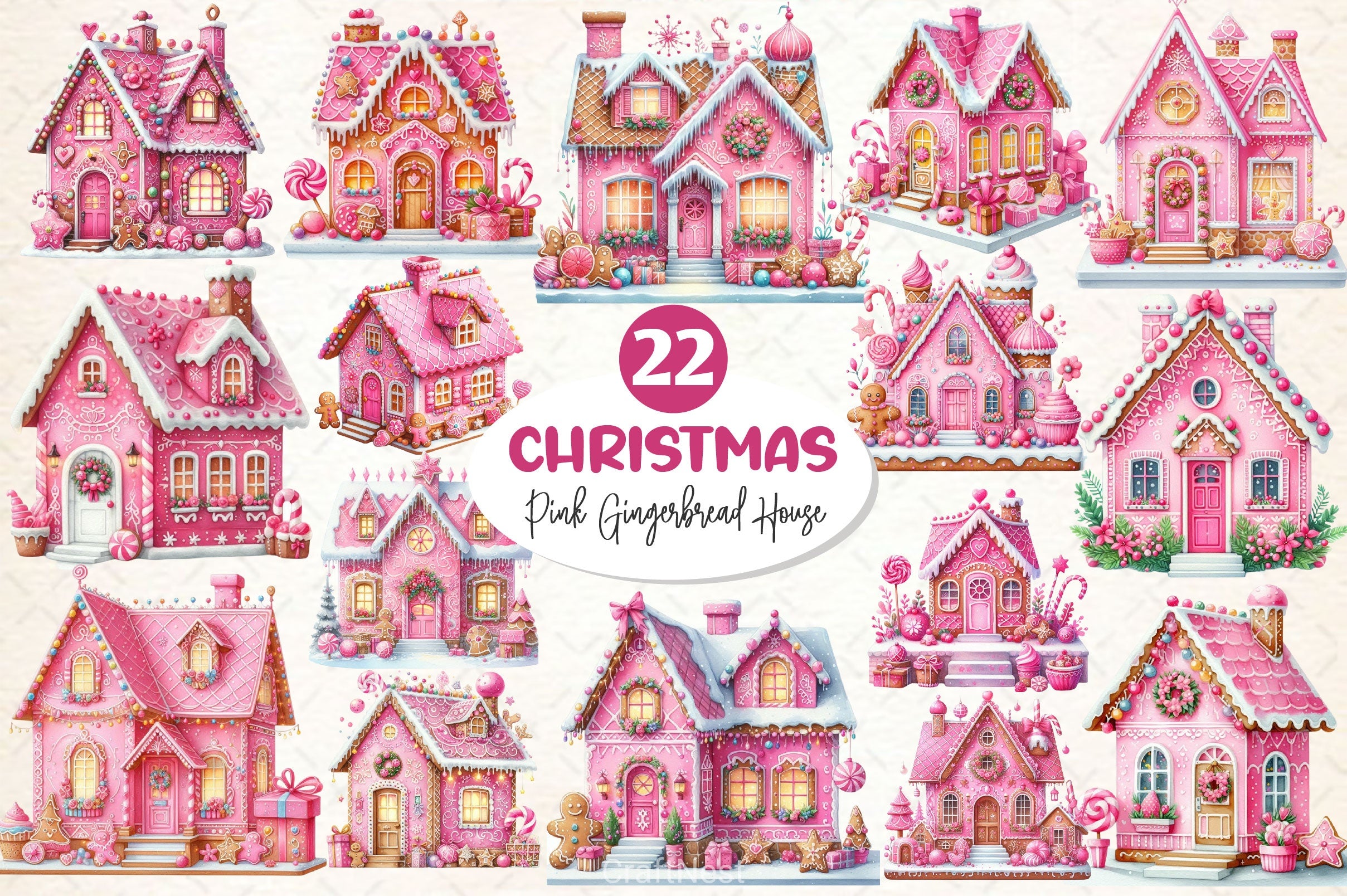 Pink Christmas Gingerbread House Clipart Bundle - CraftNest - Digital Crafting and Art