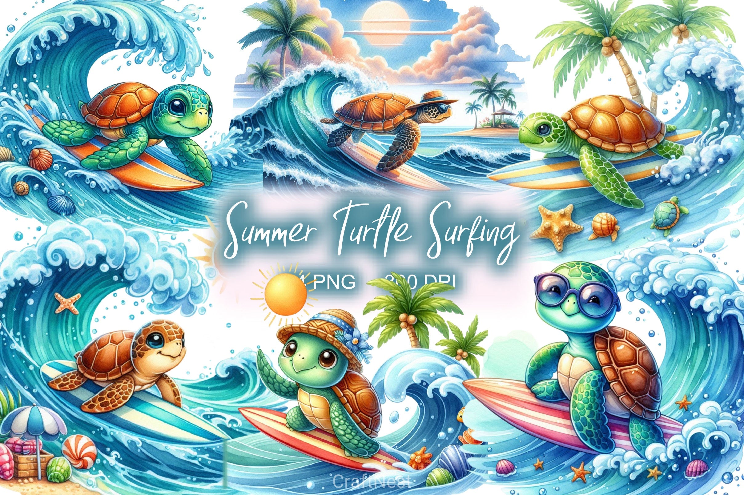 Summer Turtle Surfing On Wave Clipart Bundle 2 - CraftNest - Digital Crafting and Art