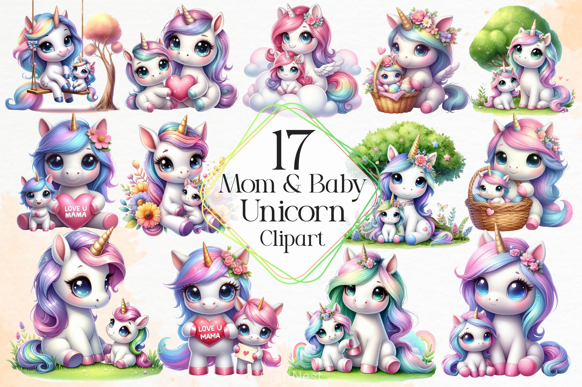 Mom And Baby Unicorn Clipart Bundle - CraftNest - Digital Crafting and Art