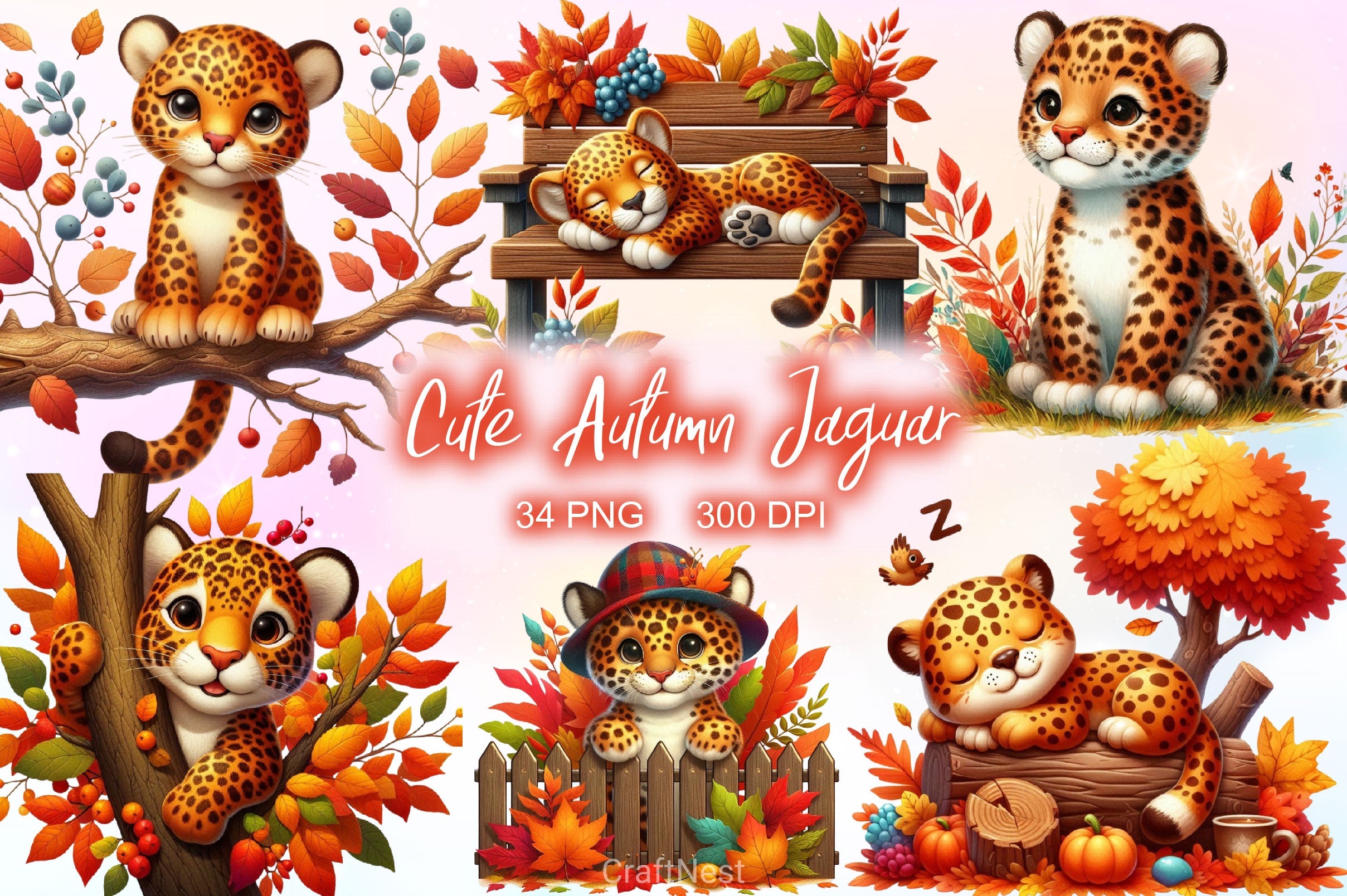 Cute Autumn Jaguar Clipart Bundle 2 - CraftNest - Digital Crafting and Art