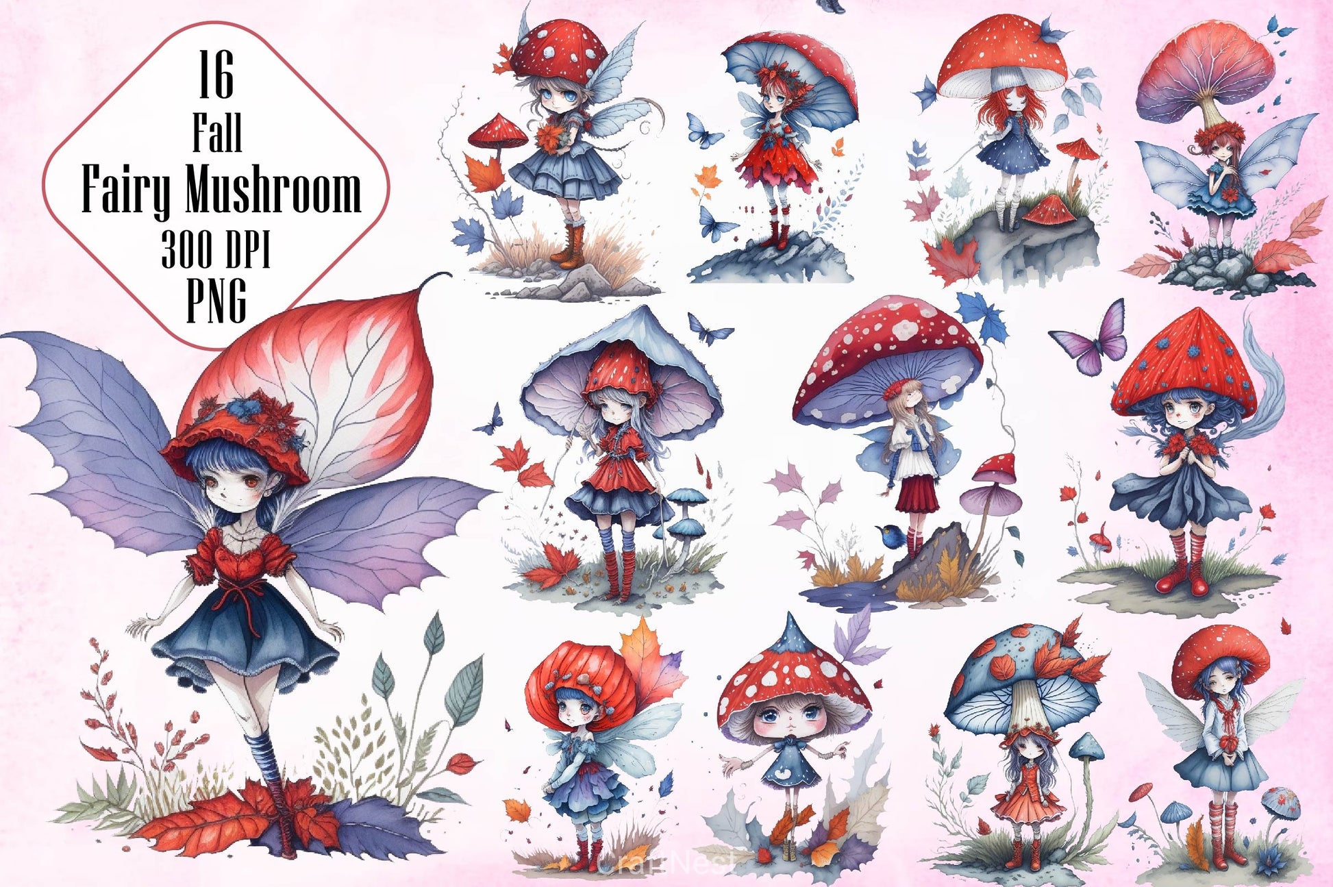 Fairy With Mushroom Red Blue Autumn Fall Fairy Clipart Bundle - CraftNest - Digital Crafting and Art