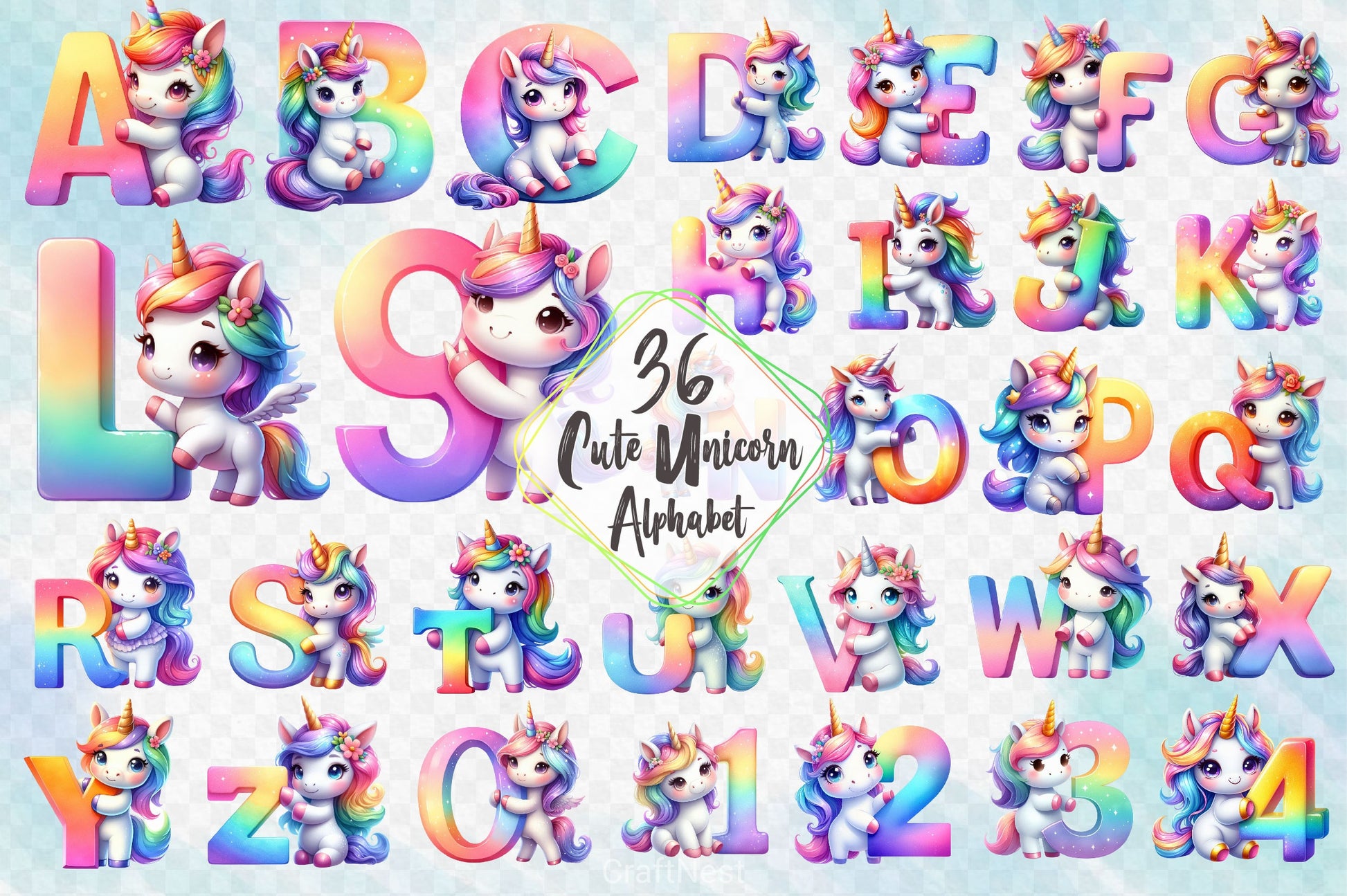Cute Unicorn Alphabet Clipart Bundle - CraftNest - Digital Crafting and Art