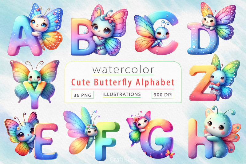 Cute Butterfly Alphabet Clipart Bundle - CraftNest - Digital Crafting and Art