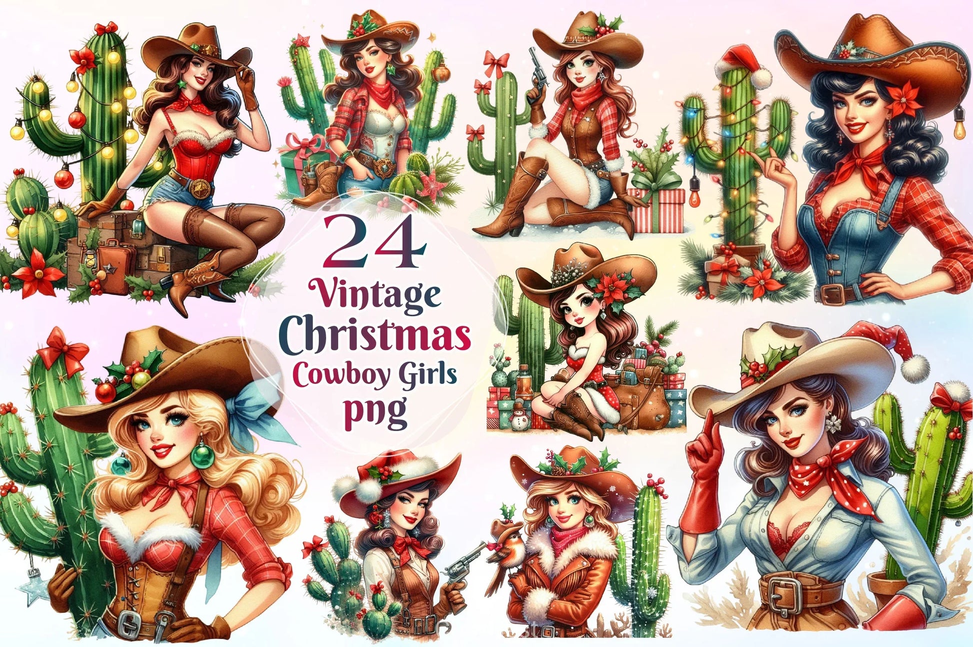 Vintage Christmas Cowboy Girls Clipart Bundle - CraftNest - Digital Crafting and Art
