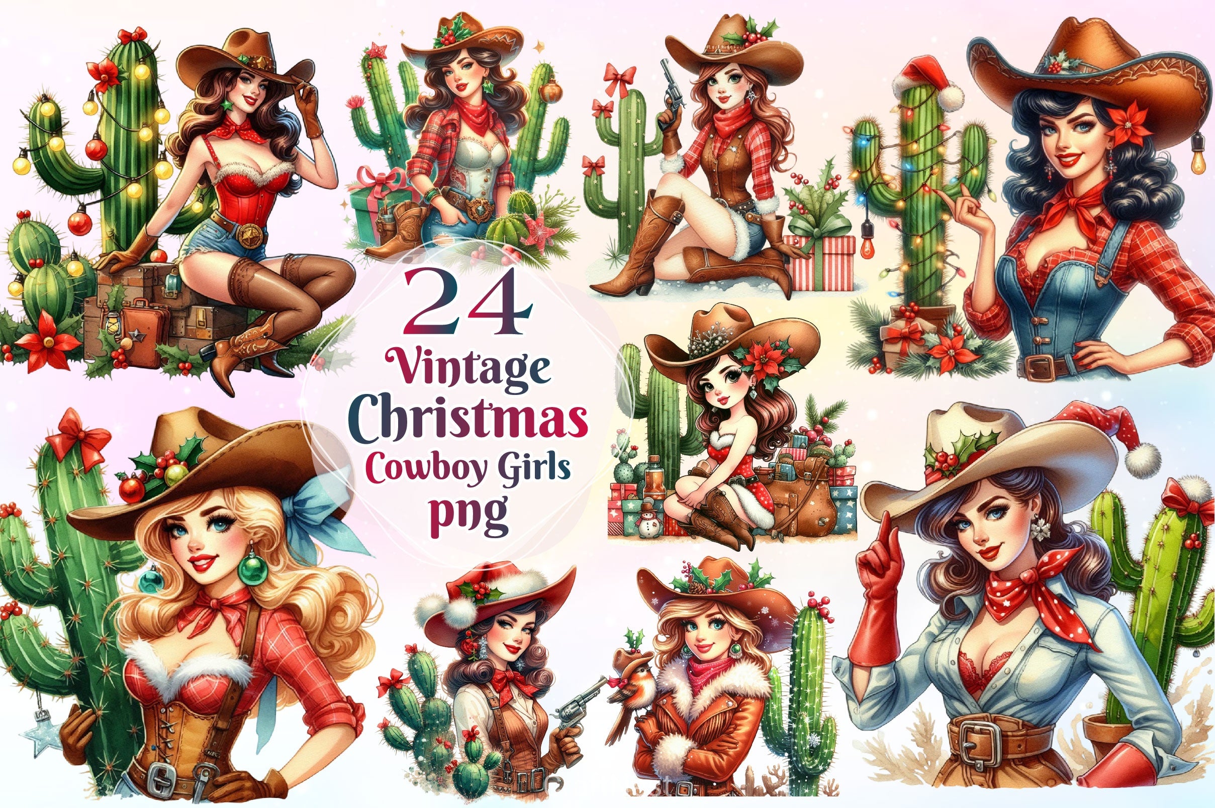Vintage Christmas Cowboy Girls Clipart Bundle - CraftNest - Digital Crafting and Art