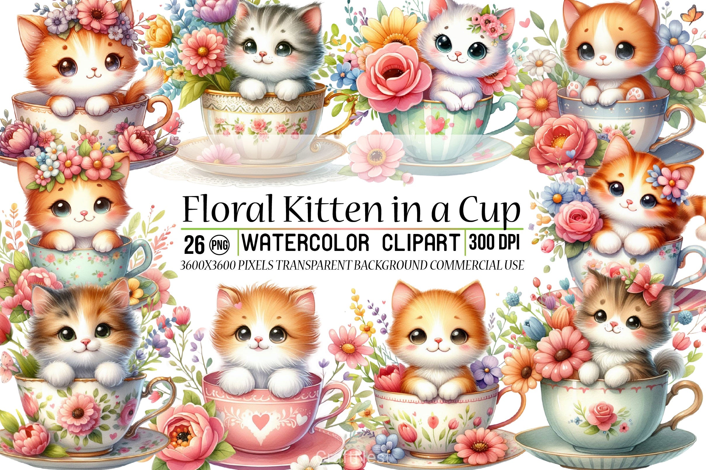 Floral Kitten Cup Clipart Bundle - CraftNest - Digital Crafting and Art