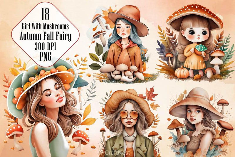 Girl With Mushrooms Autumn Fall Fairy Clipart Bundle - CraftNest - Digital Crafting and Art