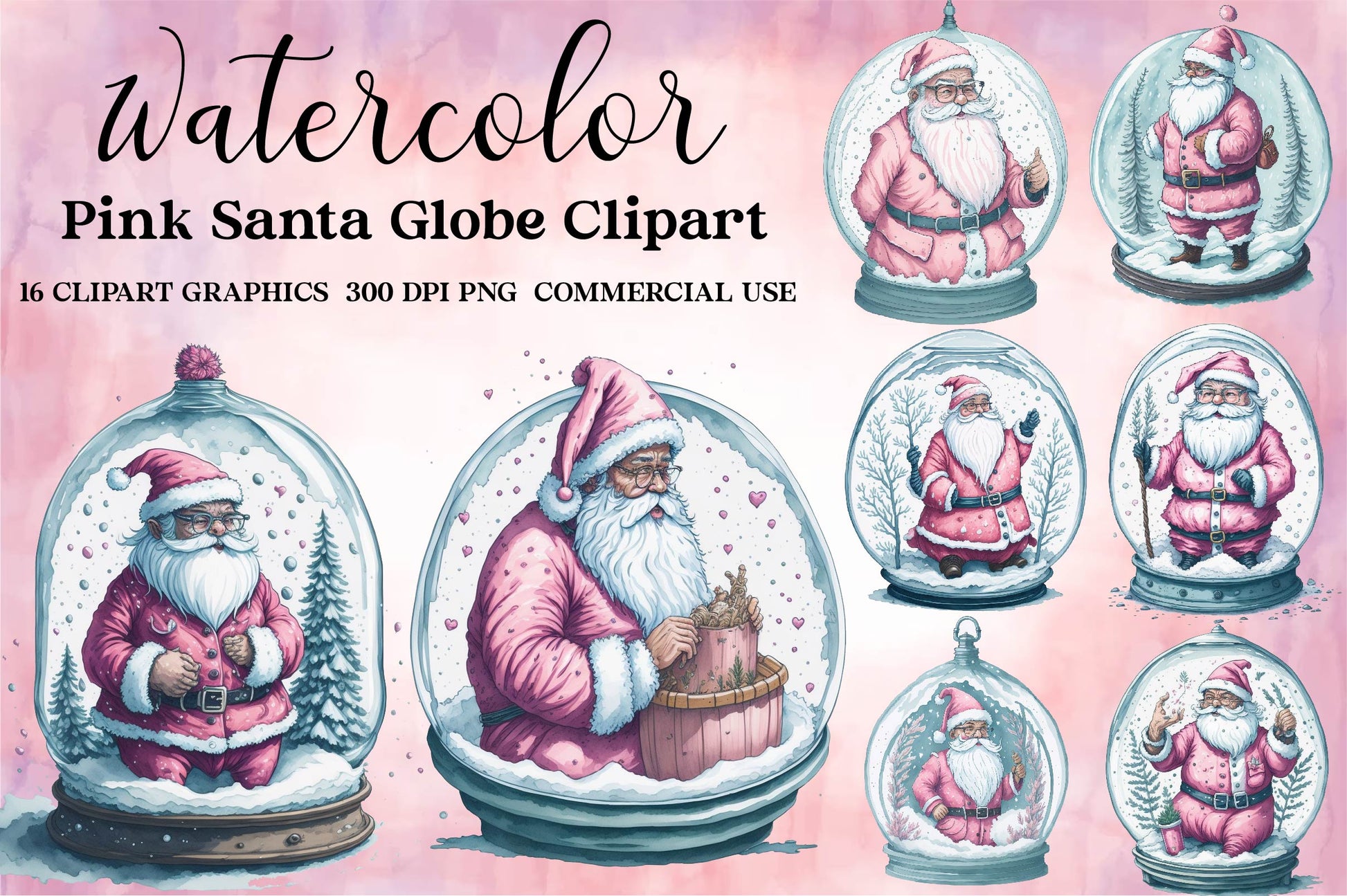 Pink Santa Claus In Snow Globe Clipart Bundle - CraftNest - Digital Crafting and Art