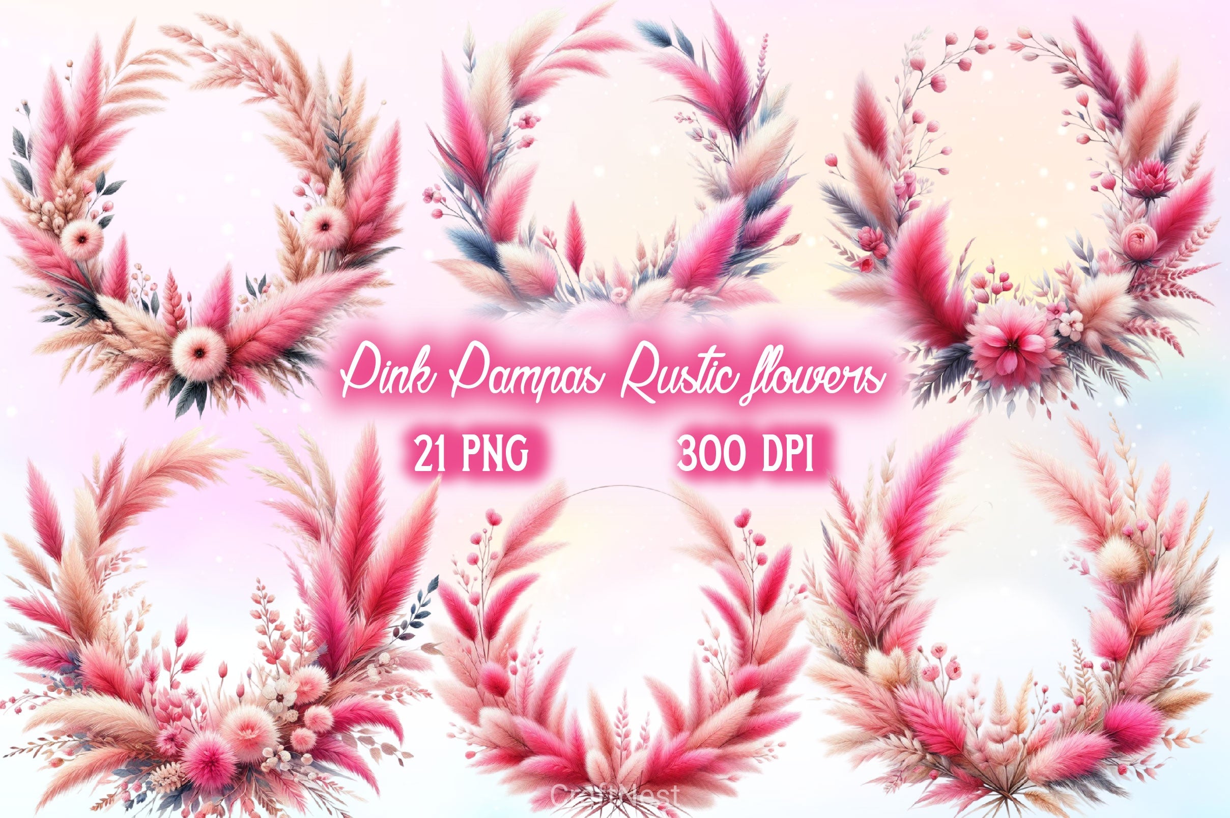Pink Pampas Rustic Flowers Clipart Bundle - CraftNest - Digital Crafting and Art