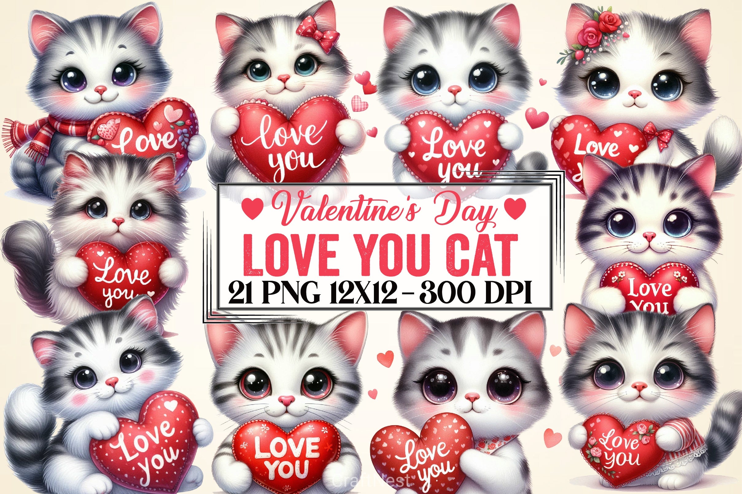 Love You Cat Valentine's Clipart Bundle 5 - CraftNest - Digital Crafting and Art