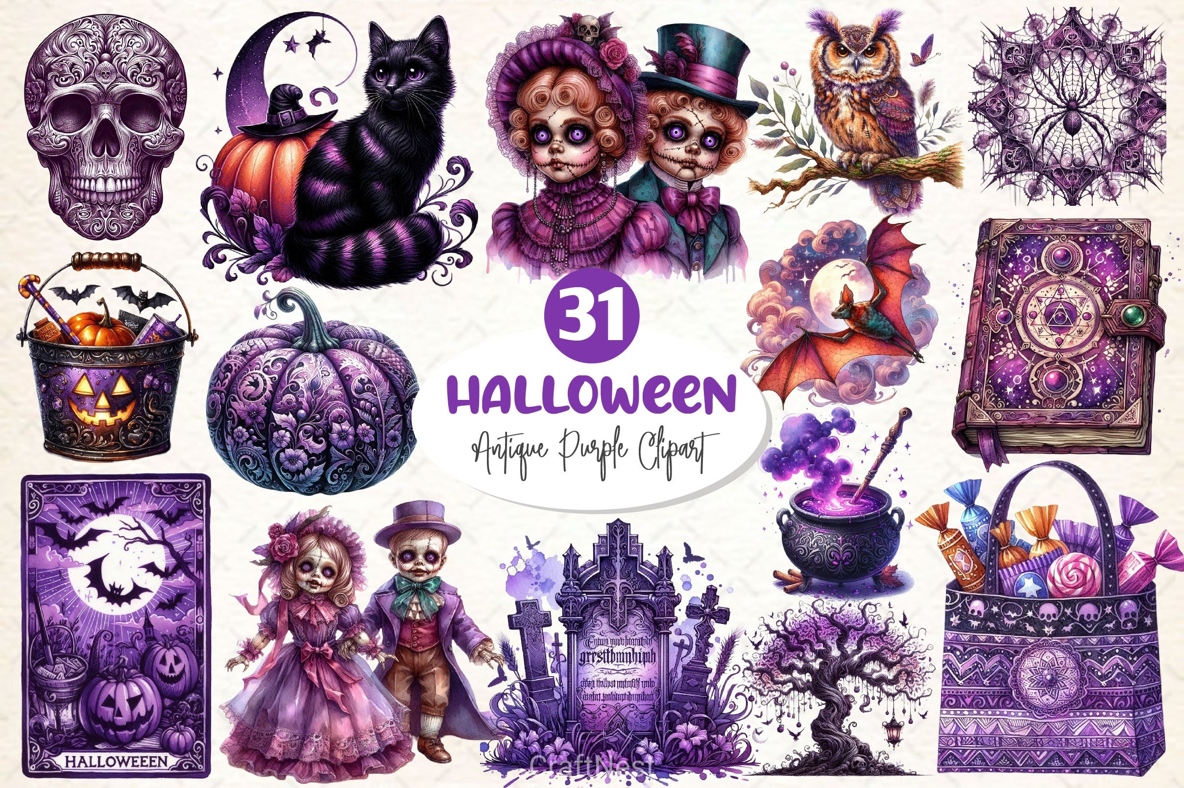 Antique Purple Halloween Set Clipart Bundle - CraftNest - Digital Crafting and Art