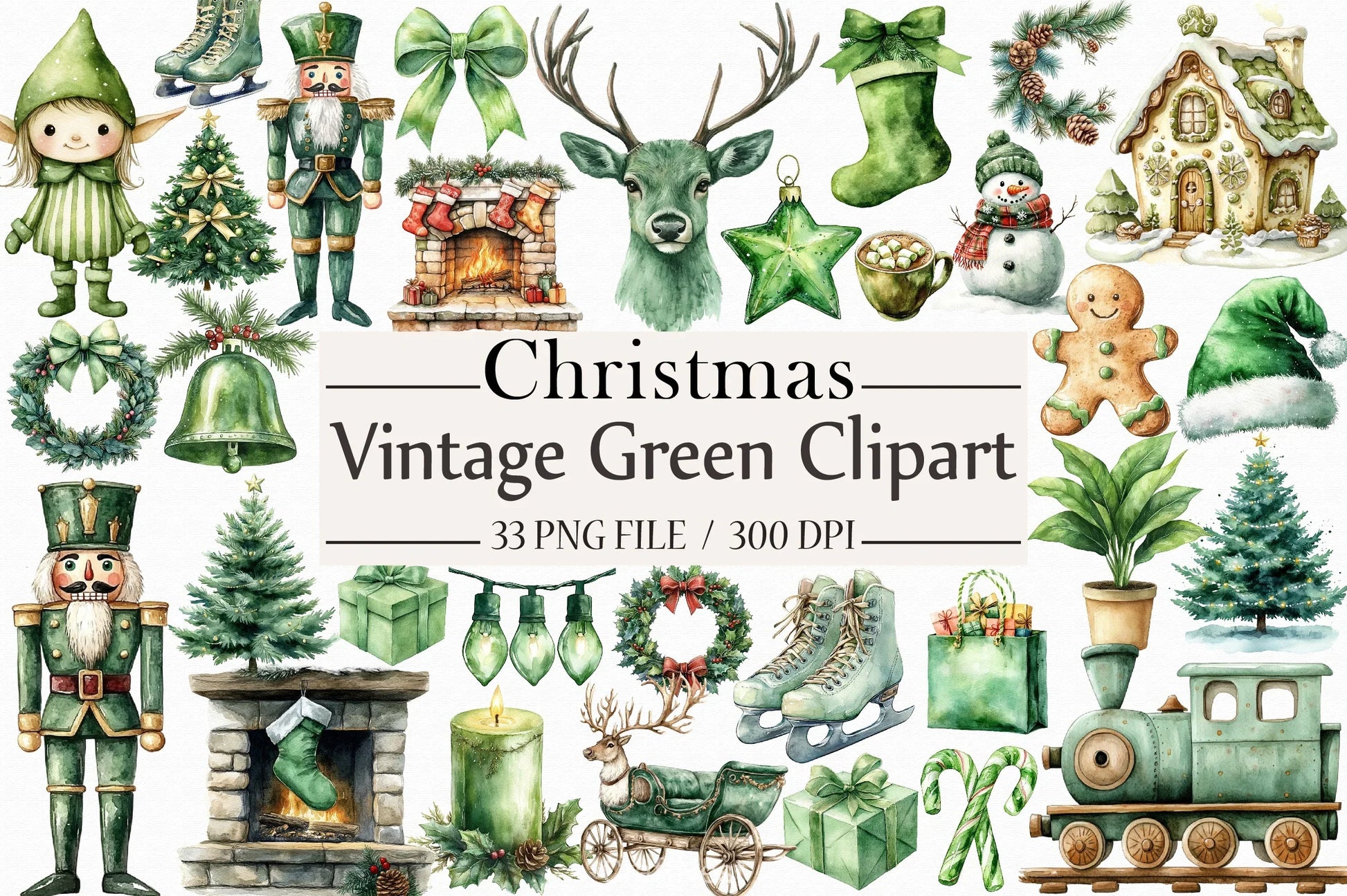 Vintage Green Christmas Clipart Bundle - CraftNest - Digital Crafting and Art
