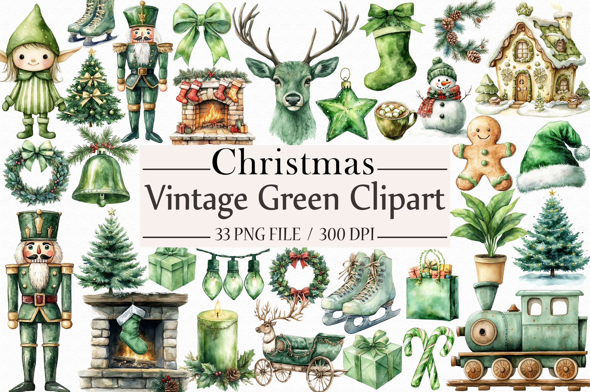Vintage Green Christmas Clipart Bundle - CraftNest - Digital Crafting and Art