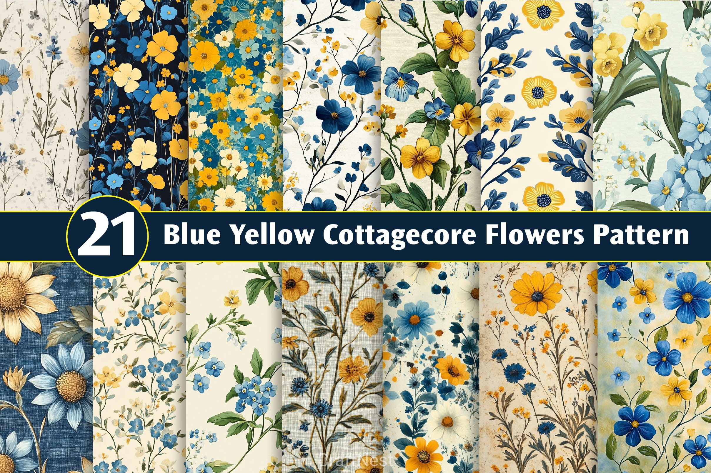 Blue Yellow Cottagecore Flowers Pattern Clipart Bundle - CraftNest - Digital Crafting and Art