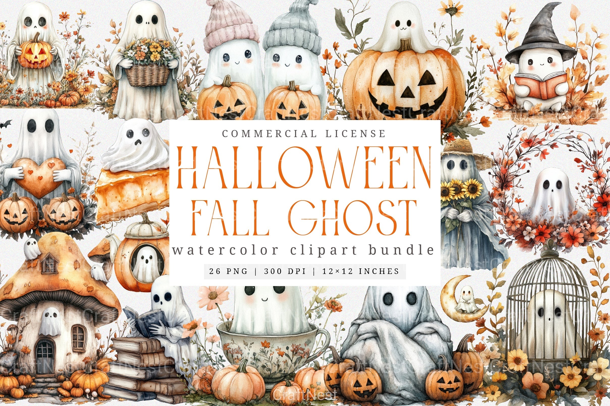 Boho Fall Halloween Ghost Clipart Bundle - CraftNest - Digital Crafting and Art