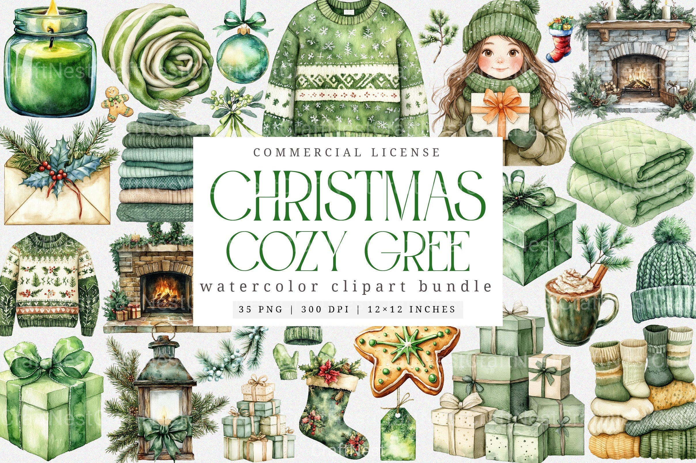 Cozy Green Christmas Winter Clipart Bundle - CraftNest - Digital Crafting and Art