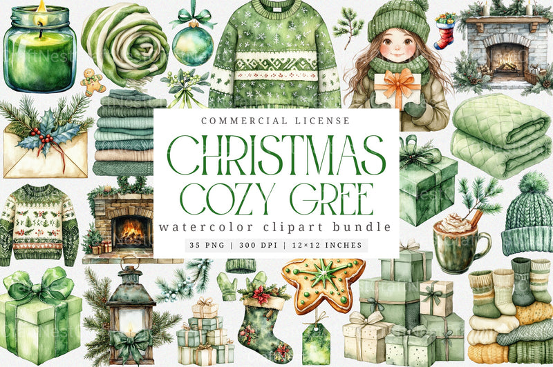 Cozy Green Christmas Winter Clipart Bundle - CraftNest - Digital Crafting and Art