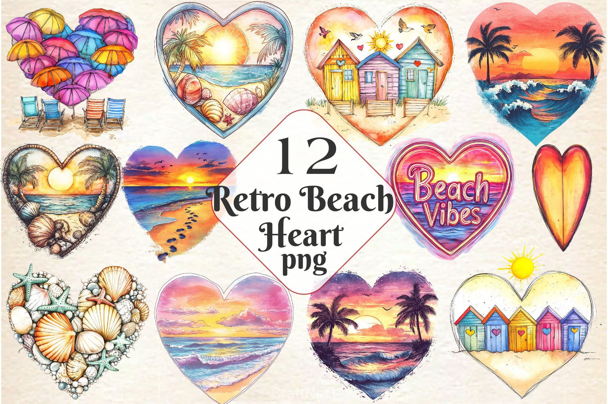 Retro Beach Heart Clipart Bundle - CraftNest - Digital Crafting and Art