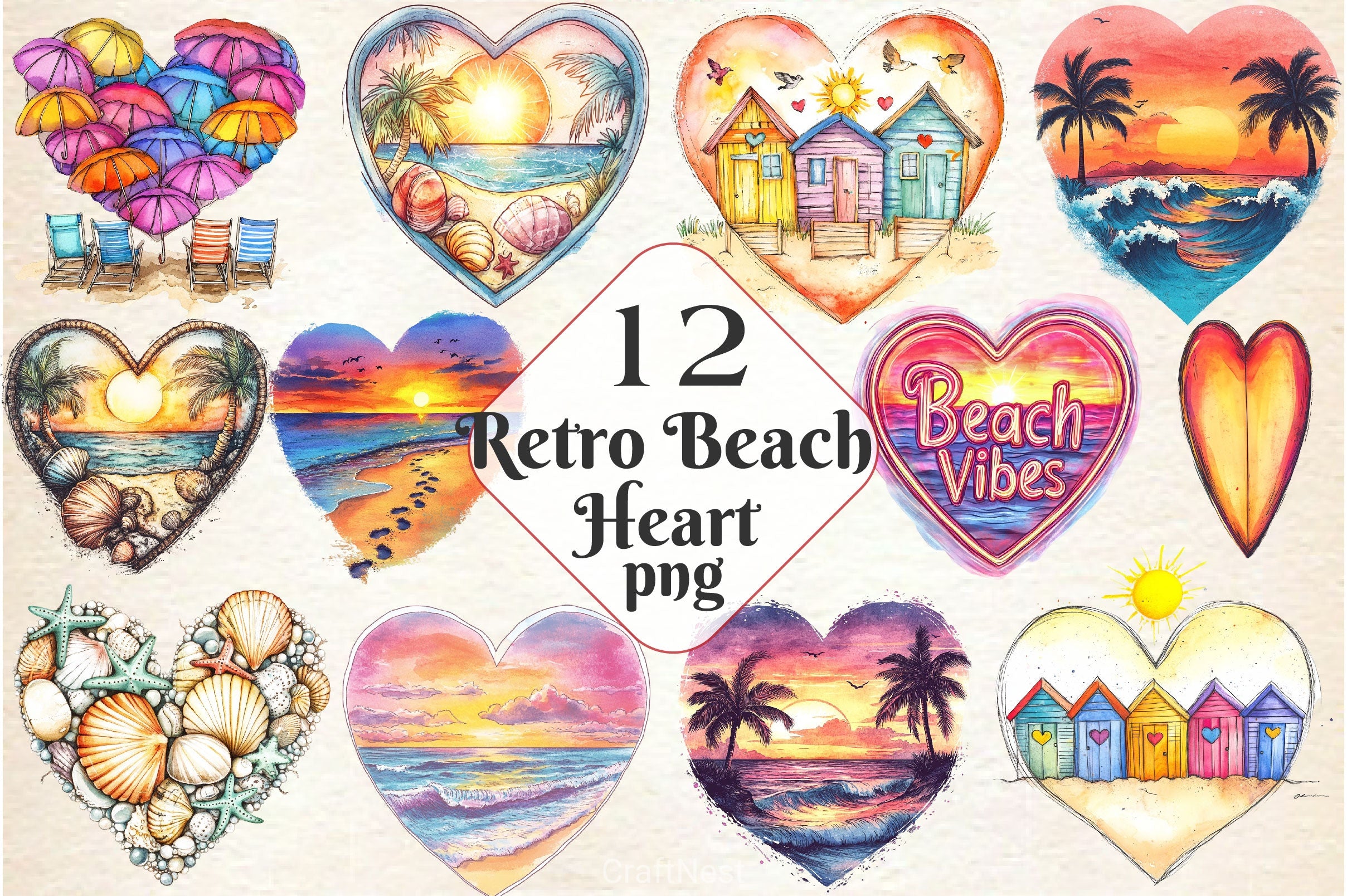 Retro Beach Heart Clipart Bundle - CraftNest - Digital Crafting and Art