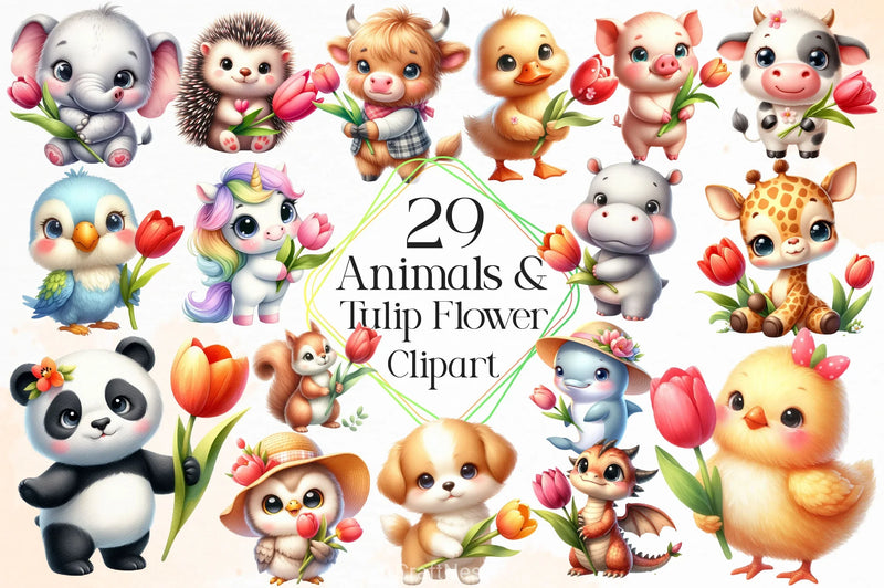 Cute Animals And Tulip Flower Clipart Bundle 2 - CraftNest - Digital Crafting and Art