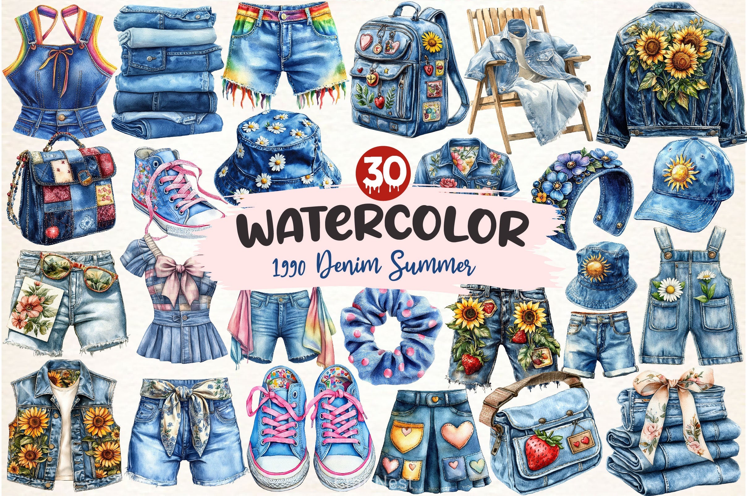 1990 Denim Summer Clipart Bundle 2 - CraftNest - Digital Crafting and Art