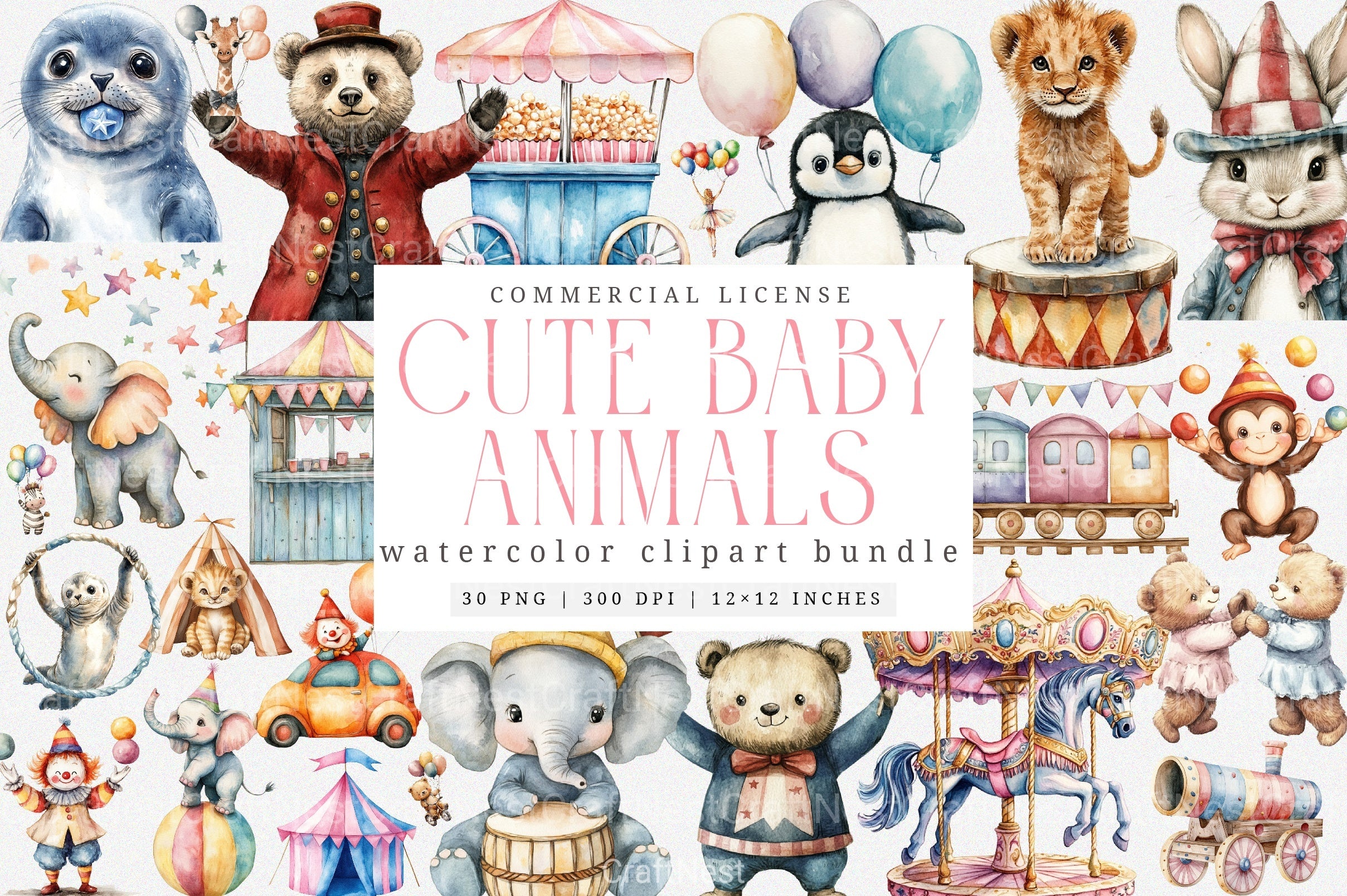 Cute Baby Circus Animals Clipart Bundle - CraftNest - Digital Crafting and Art