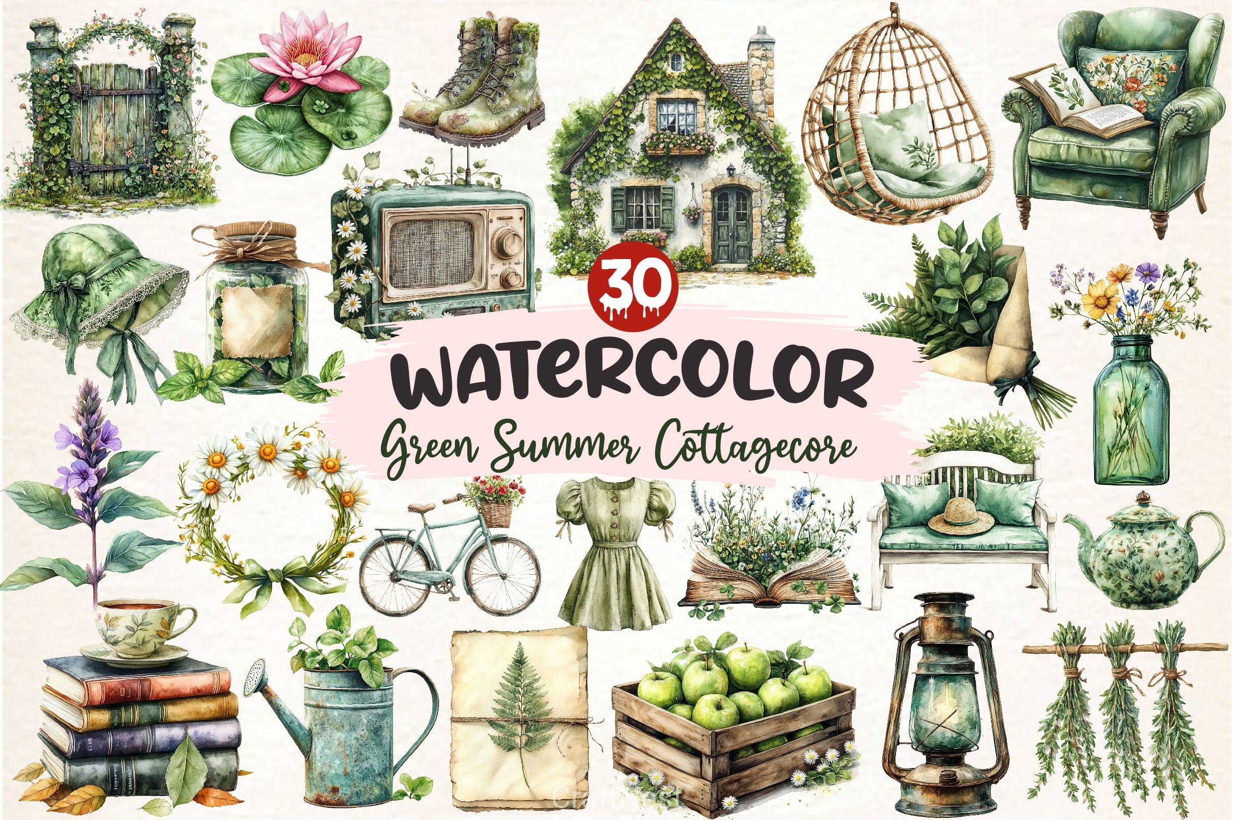Green Summer Cottagecore Clipart Bundle 2 - CraftNest - Digital Crafting and Art
