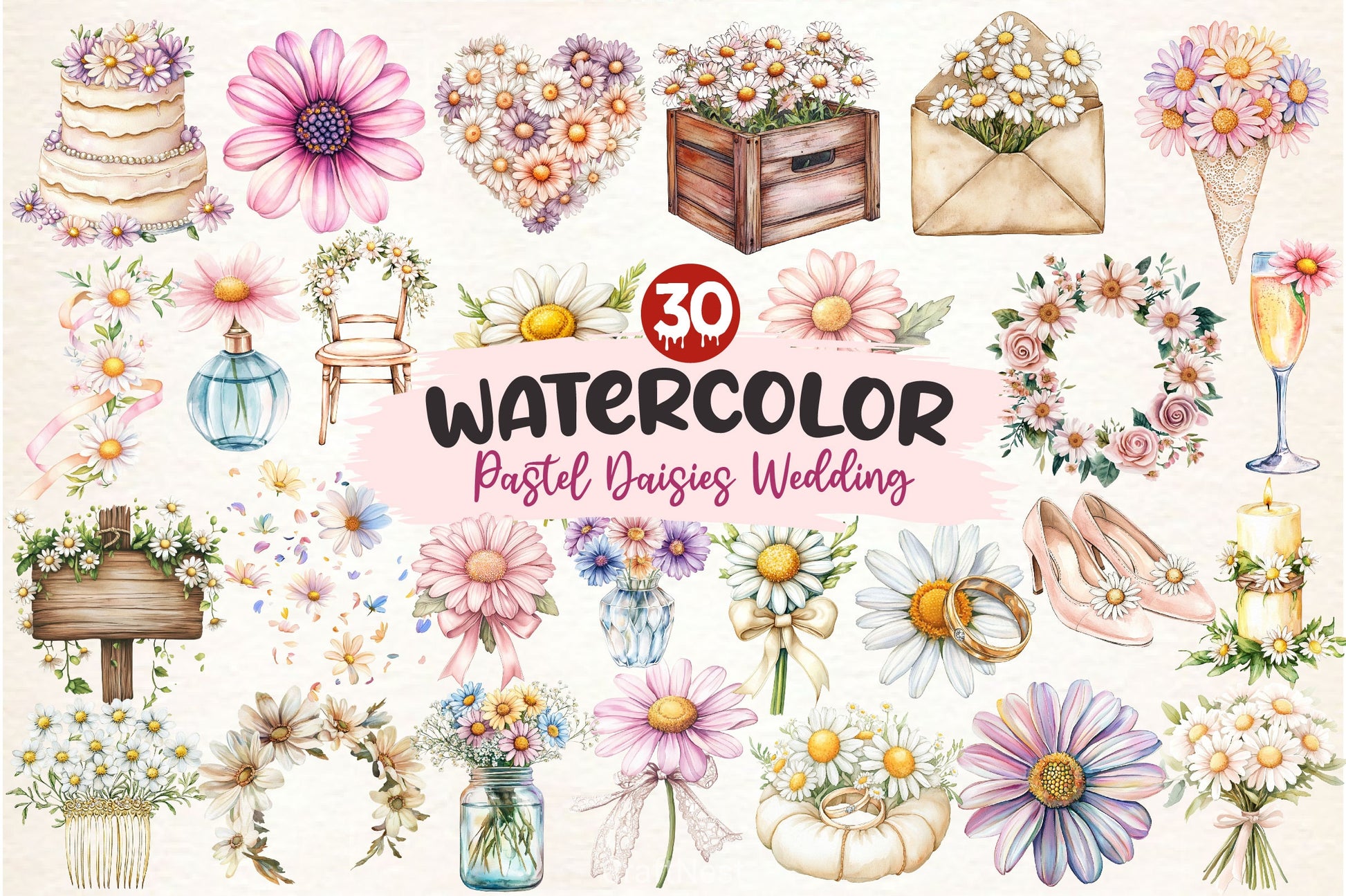Pastel Daisies Wedding Clipart Bundle - CraftNest - Digital Crafting and Art