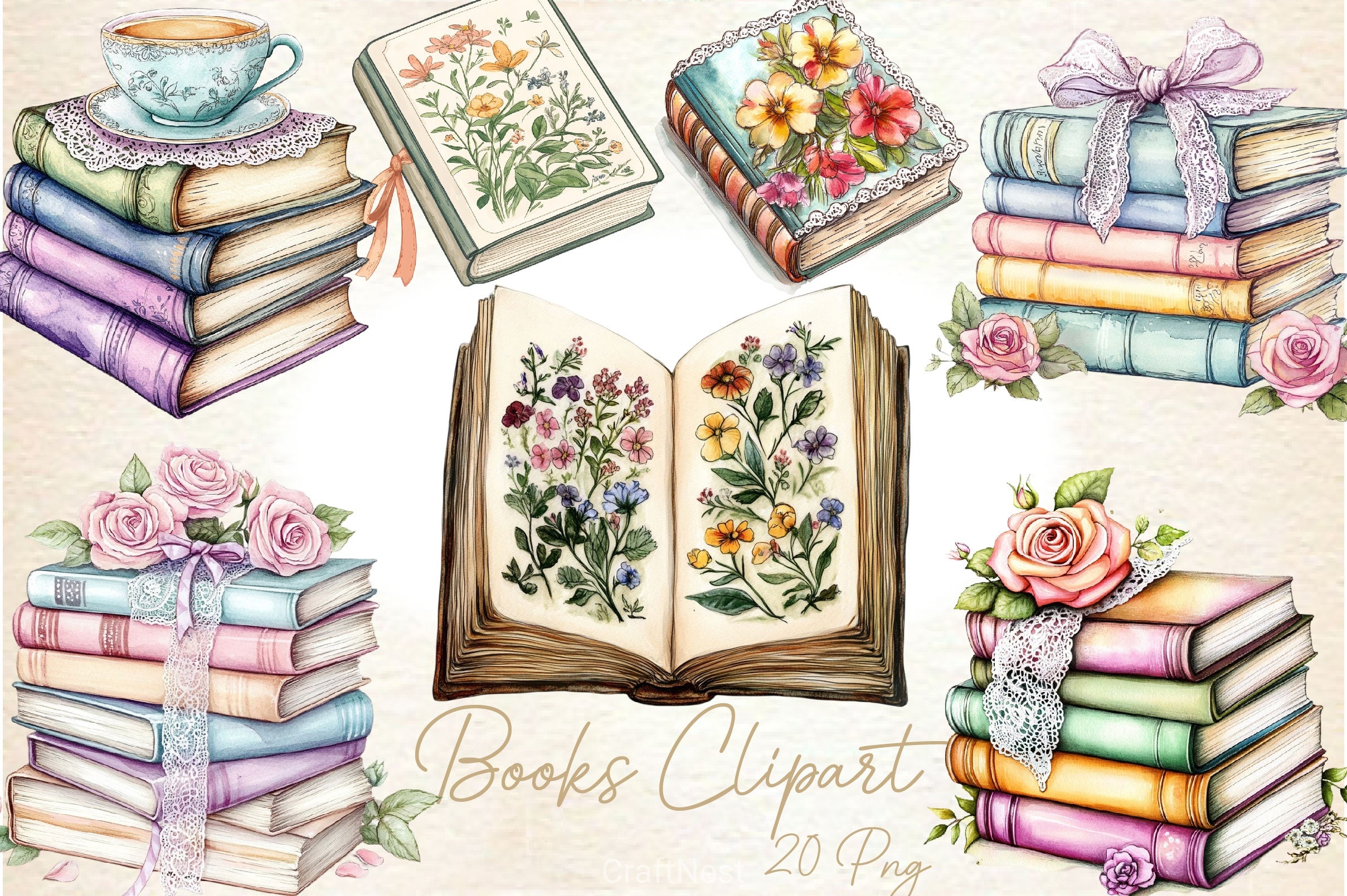 Pastel Cottage Shabby Chic Books Clipart Bundle - CraftNest - Digital Crafting and Art