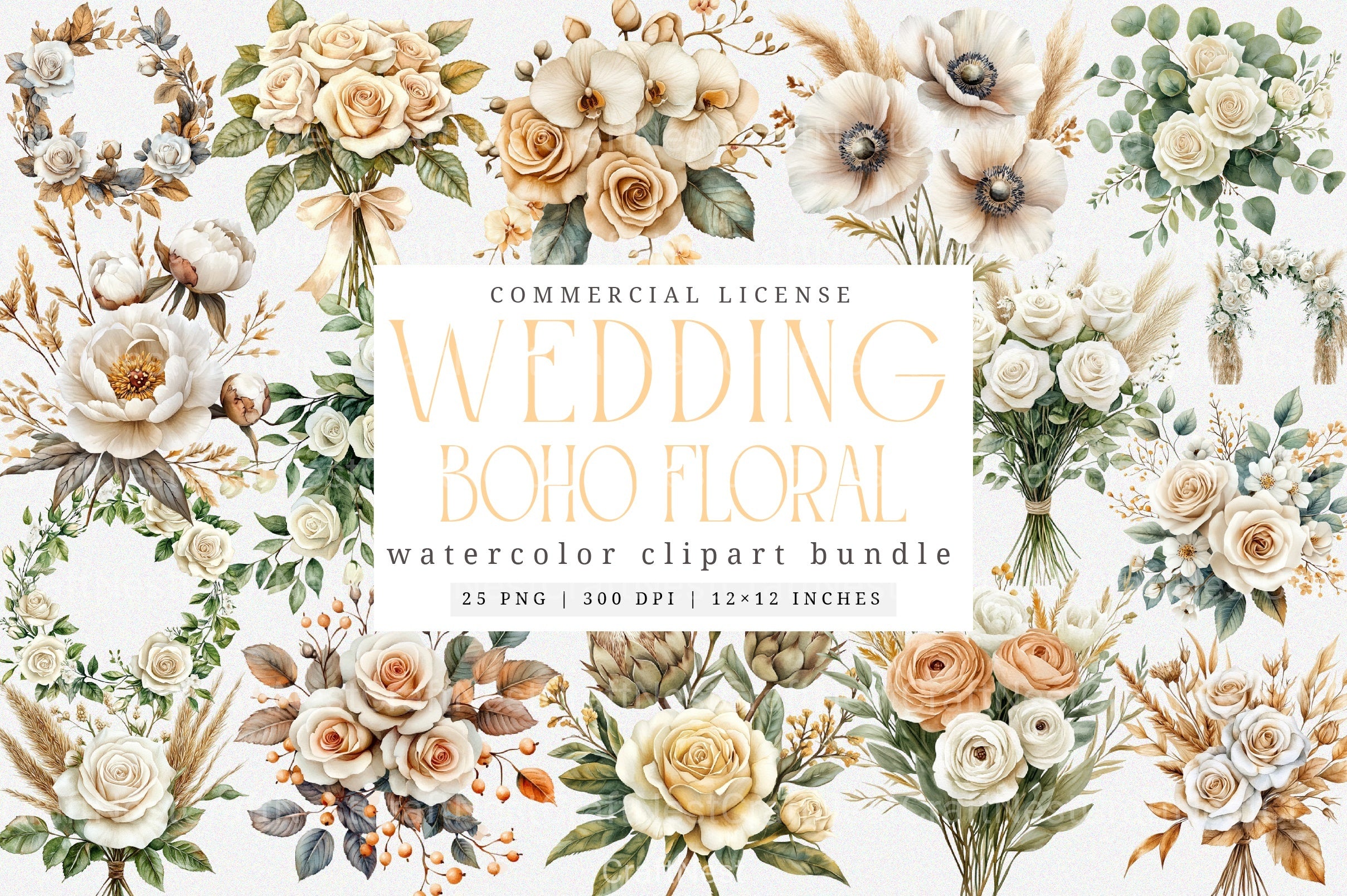 White Boho Wedding Floral Clipart Bundle - CraftNest - Digital Crafting and Art