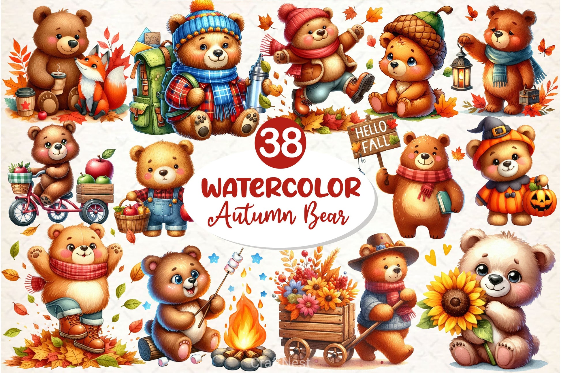 Cute Bear Character In Autumn Season Clipart Bundle - CraftNest - Digital Crafting and Art