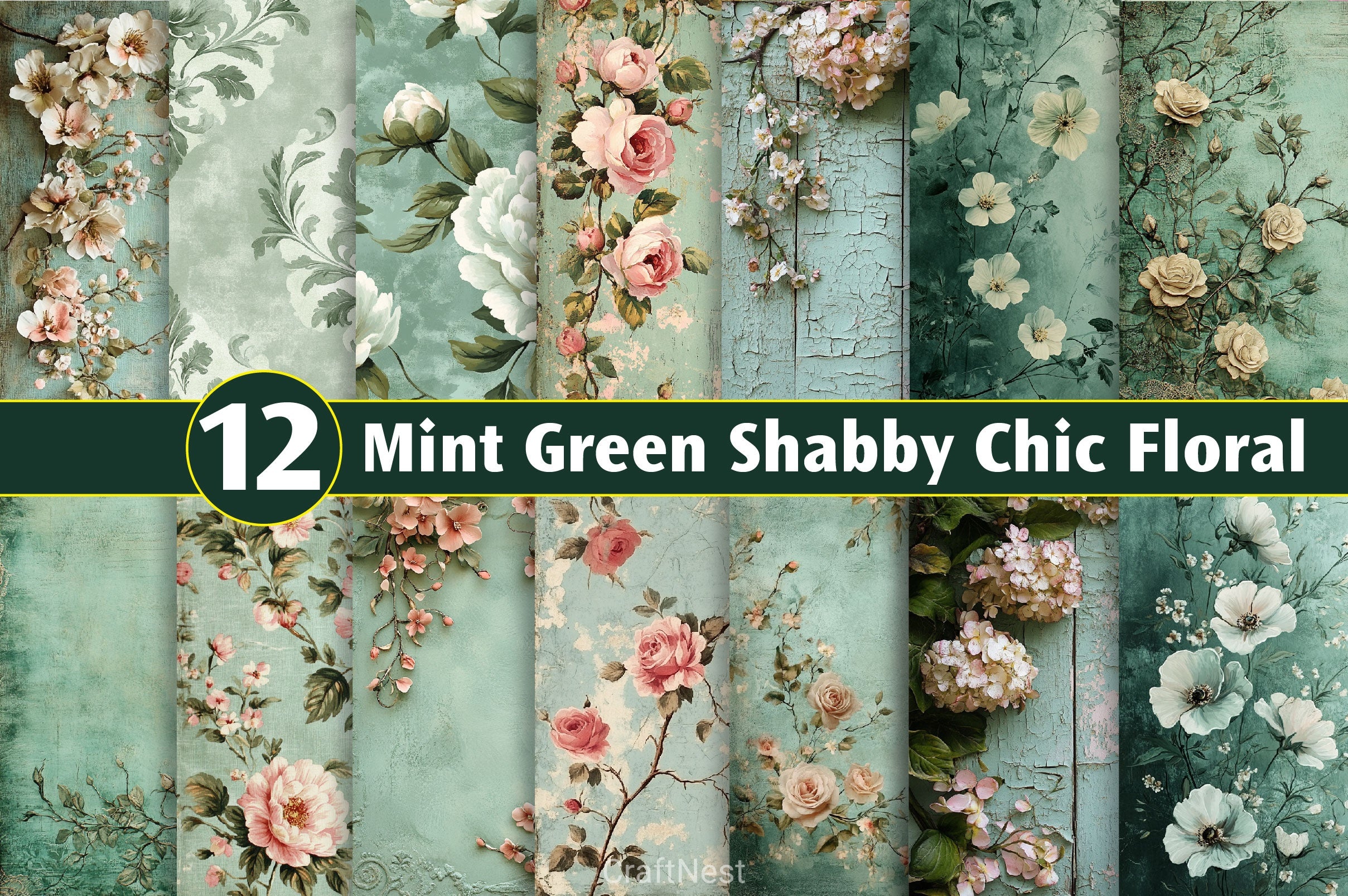 Mint Green Shabby Chic Floral Background Clipart Bundle - CraftNest - Digital Crafting and Art
