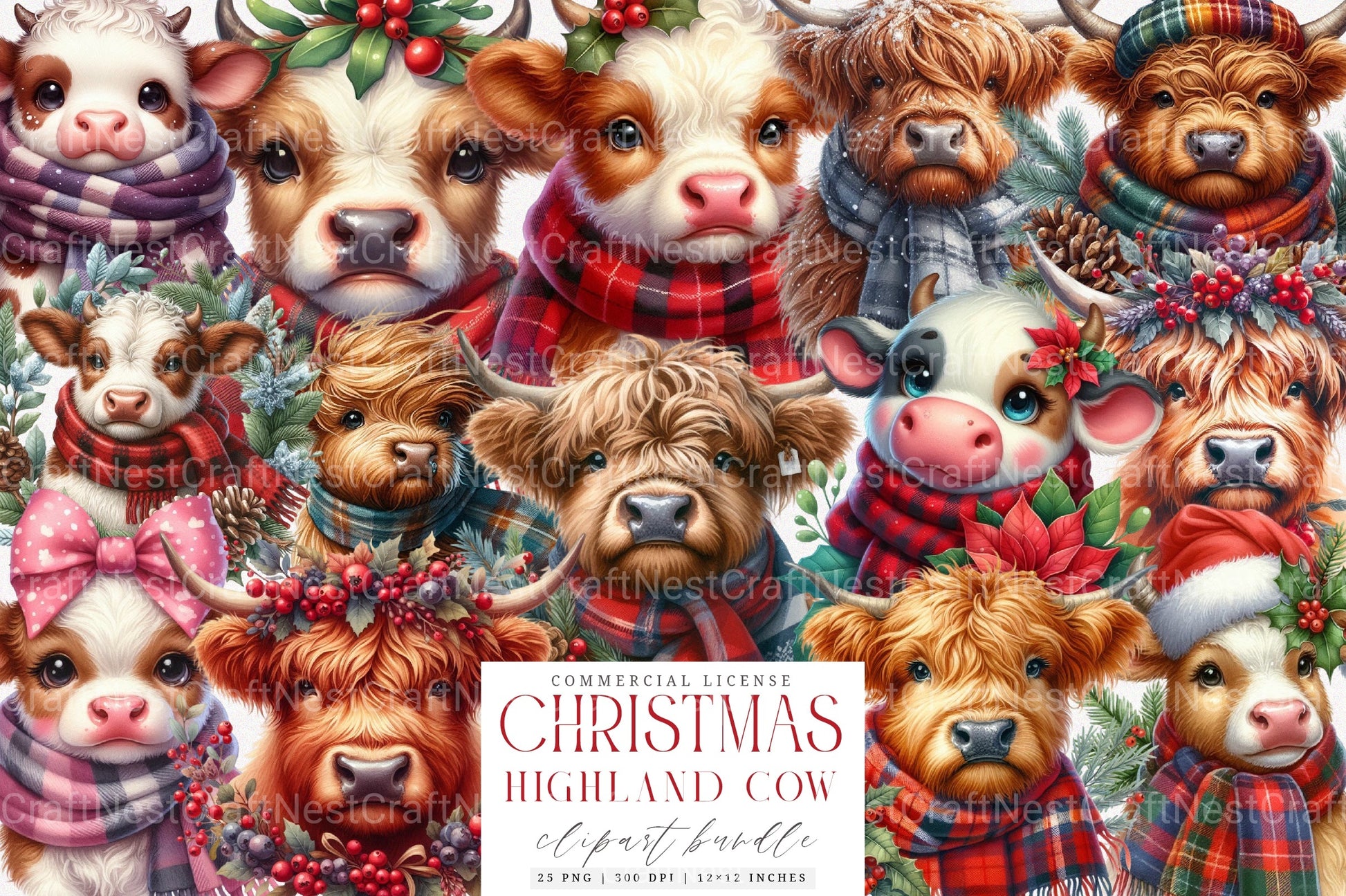 Christmas Highland Cow Clipart Bundle 20 - CraftNest - Digital Crafting and Art