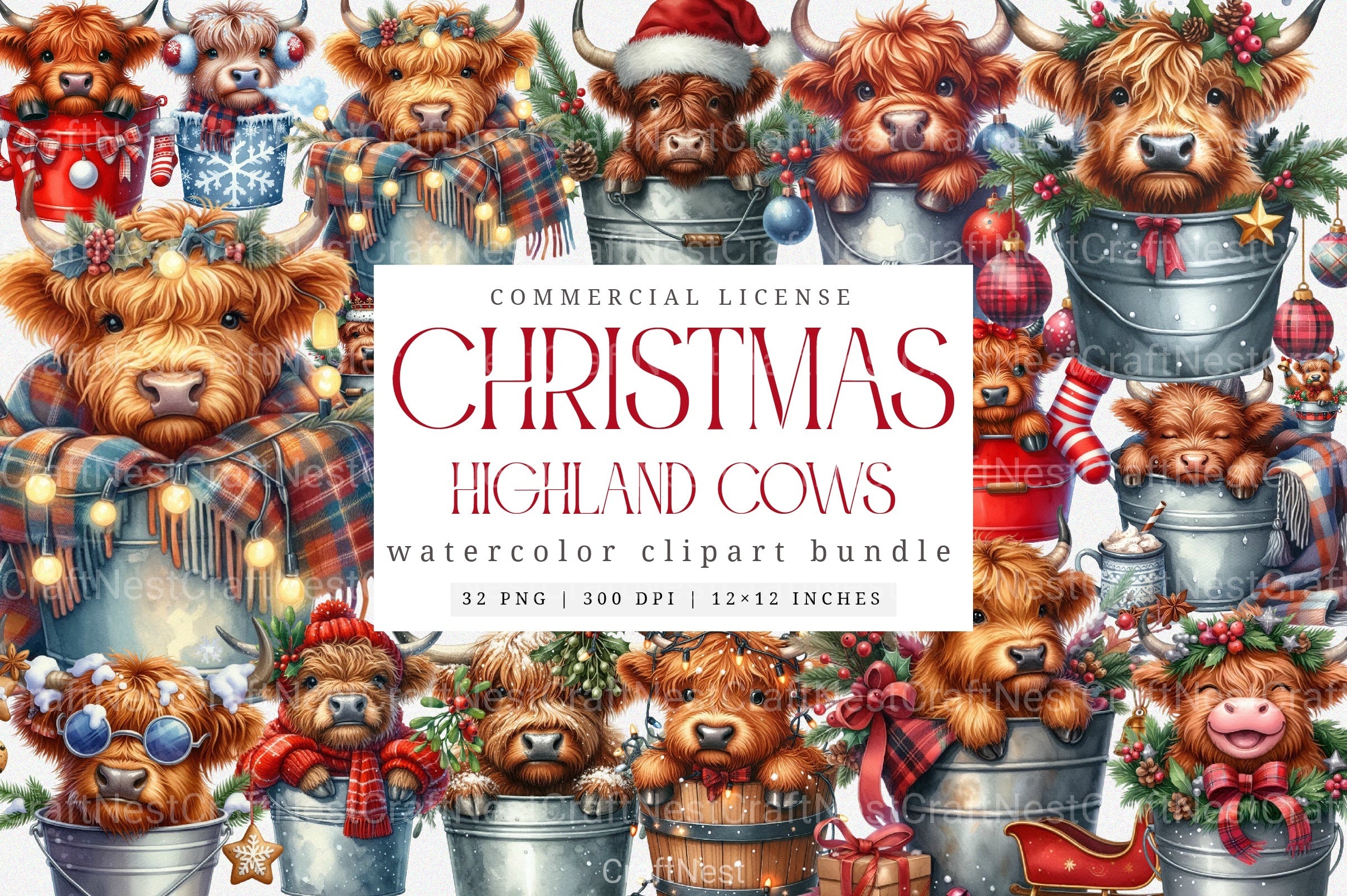 Christmas Highland Cows Clipart Bundle - CraftNest - Digital Crafting and Art