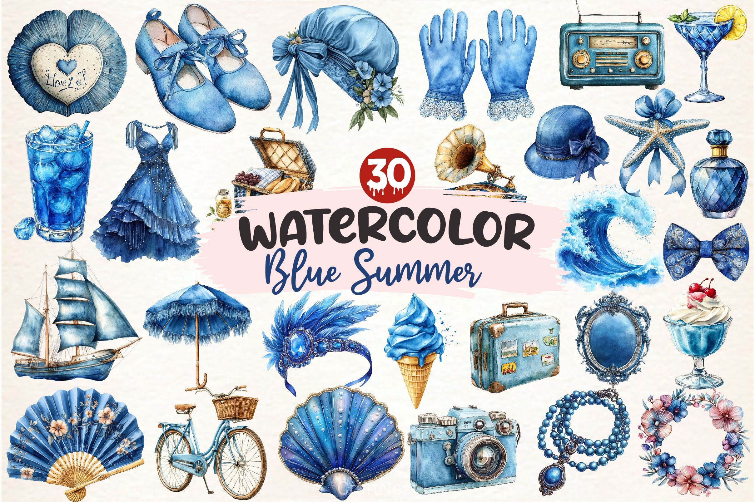 Blue Summer 1920 Clipart Bundle - CraftNest - Digital Crafting and Art